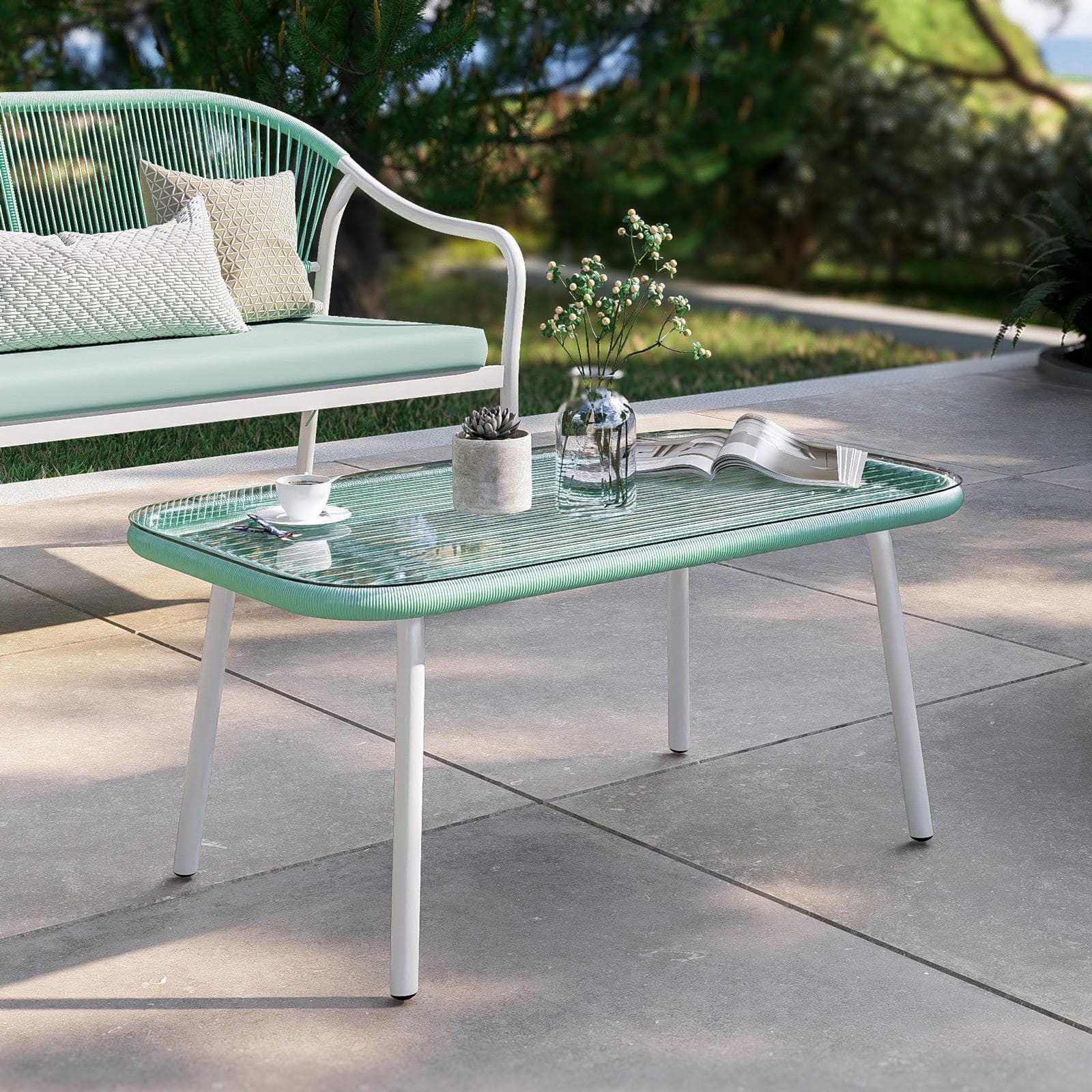 Tavolino da esterno 88x48 cm acciaio bianco con top in vetro e dettagli in corda verde tiffany - Eivissa