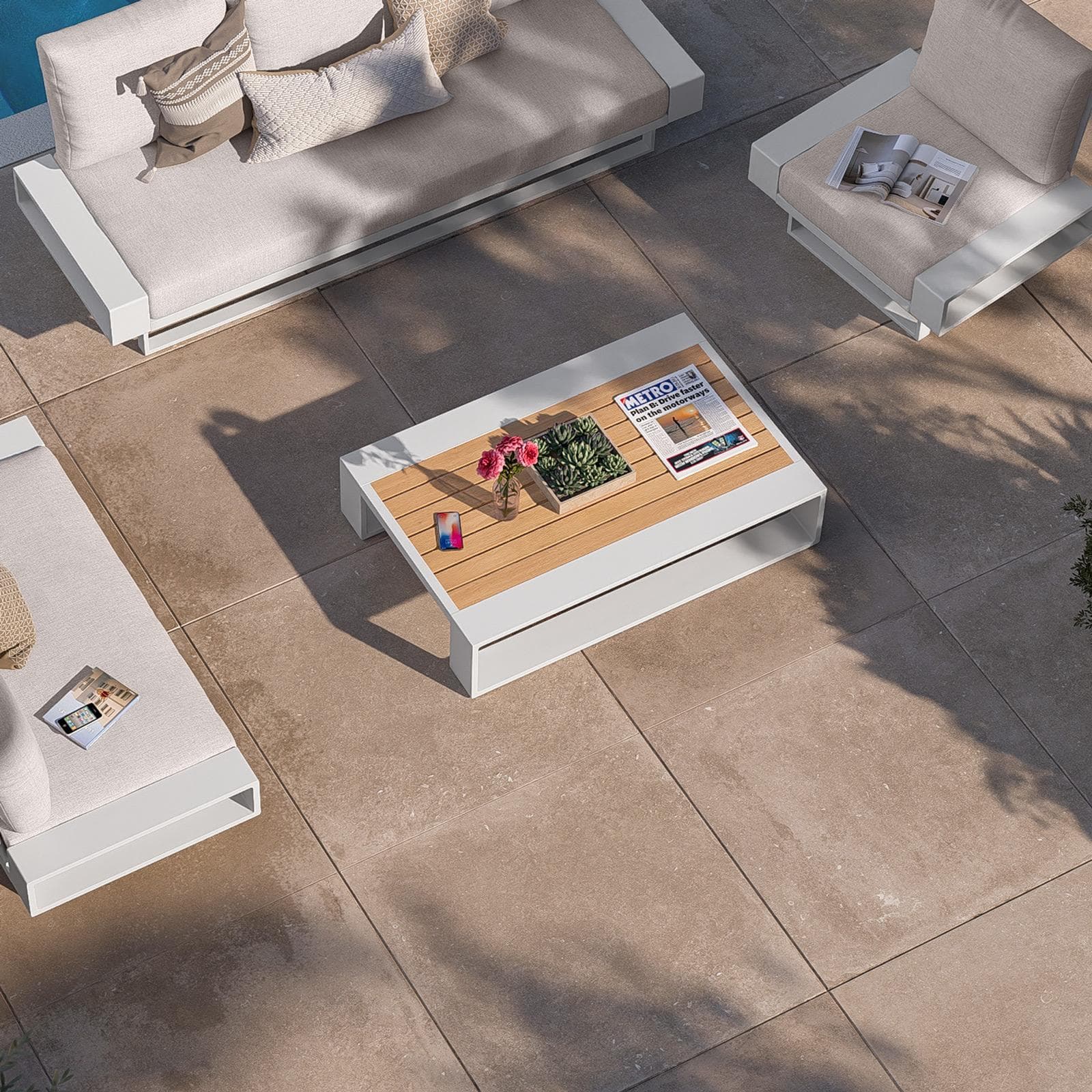 Tavolino da giardino 120x80 cm in alluminio bianco con top effetto legno - Parfa
