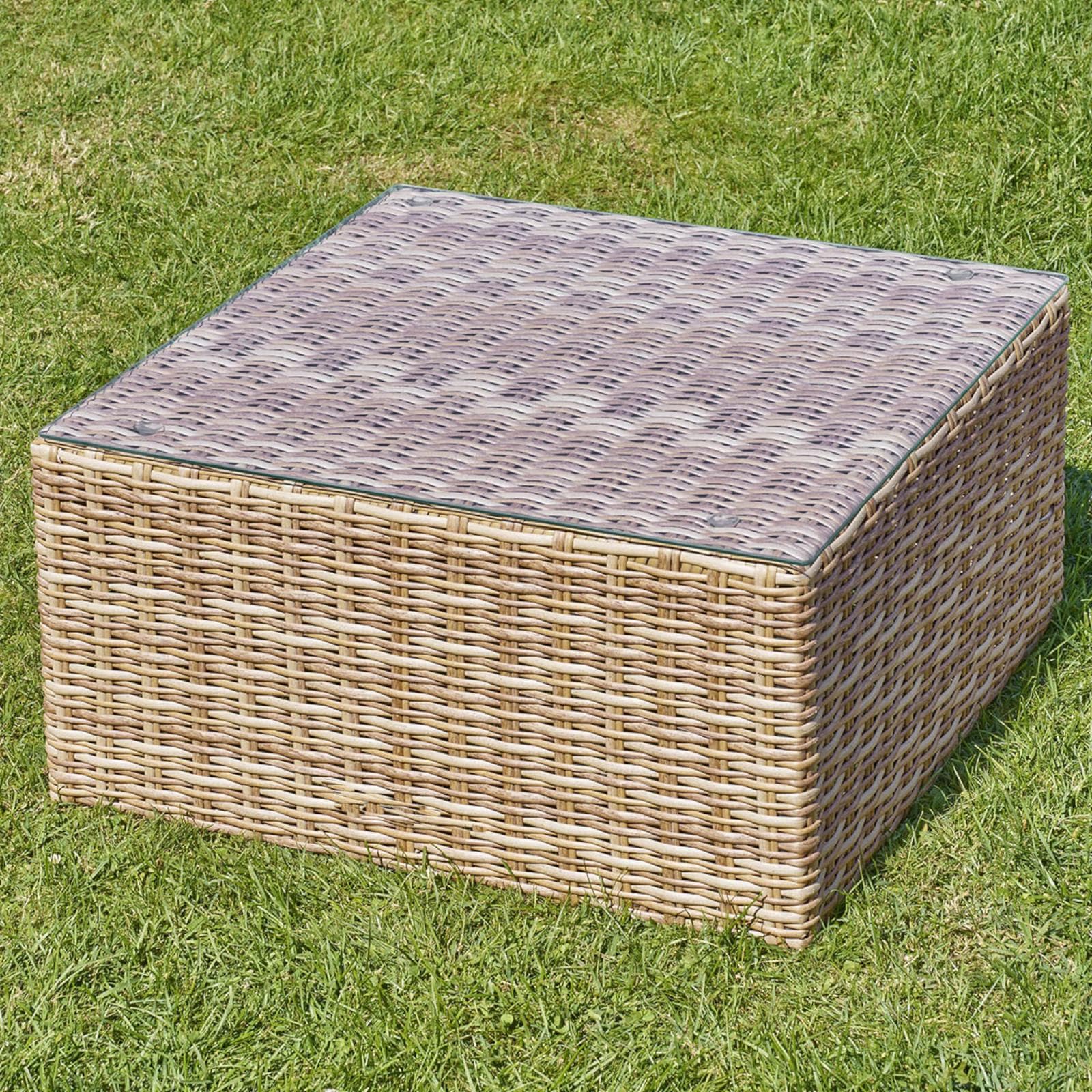 Tavolino da giardino 72x72 cm in polyrattan naturale con top in vetro - Moreno