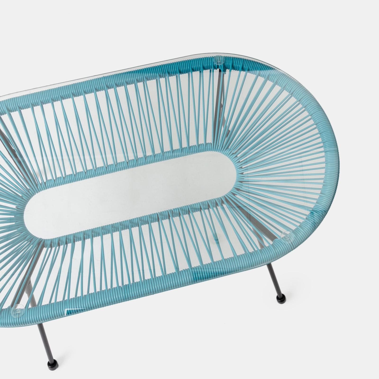 Tavolino da giardino 90x50 cm in metallo nero e corda azzurro con top in vetro - Kalimba