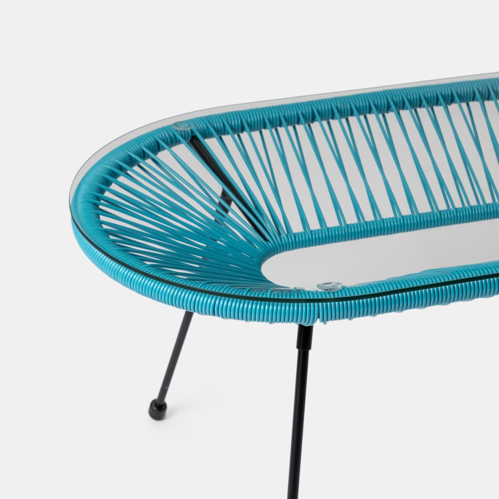 Tavolino da giardino 90x50 cm in metallo nero e corda azzurro con top in vetro - Kalimba