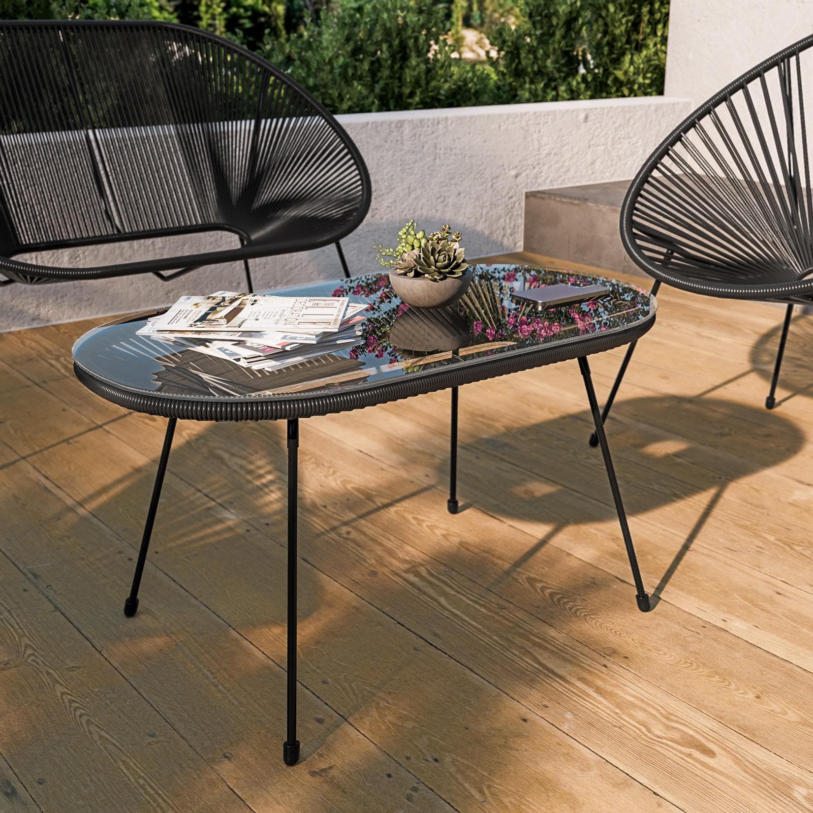 Tavolino da giardino 90x50 cm in corda e metallo nero con top in vetro - Kalimba