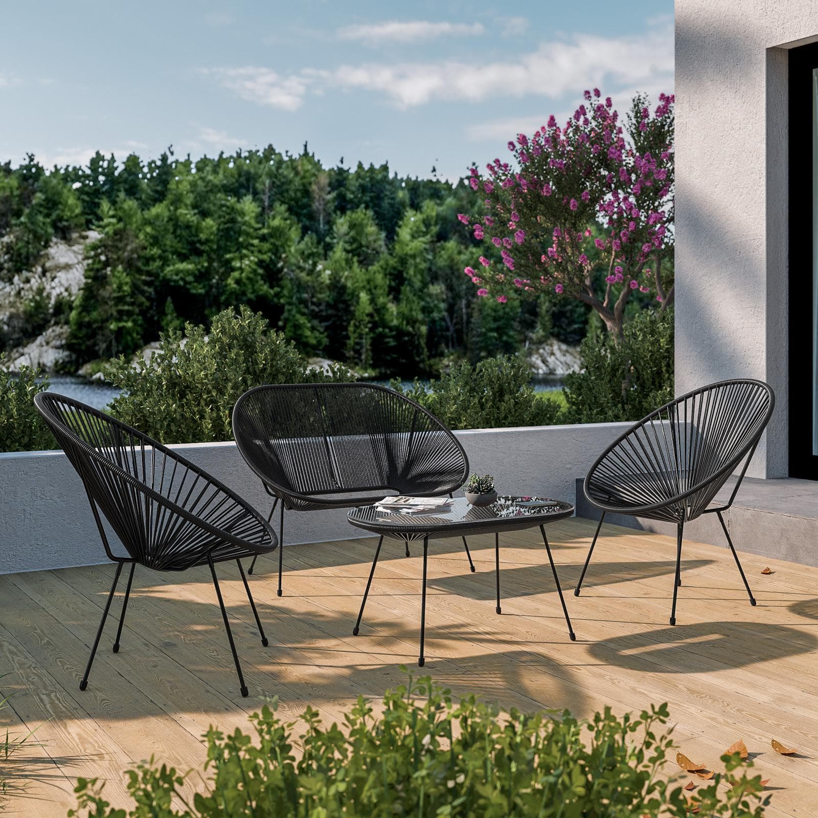 Tavolino da giardino 90x50 cm in corda e metallo nero con top in vetro - Kalimba