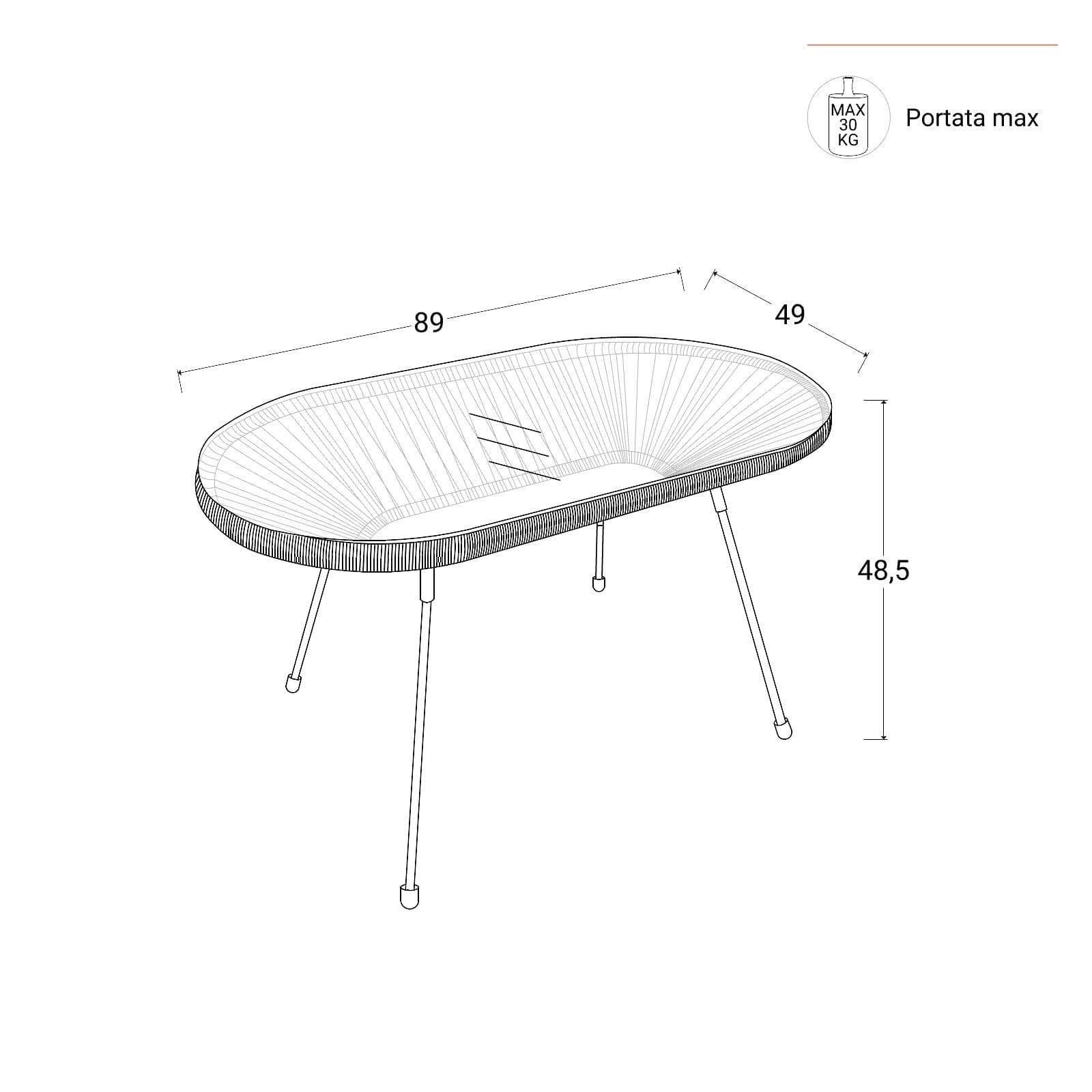 Tavolino da giardino 90x50 cm in corda e metallo nero con top in vetro - Kalimba