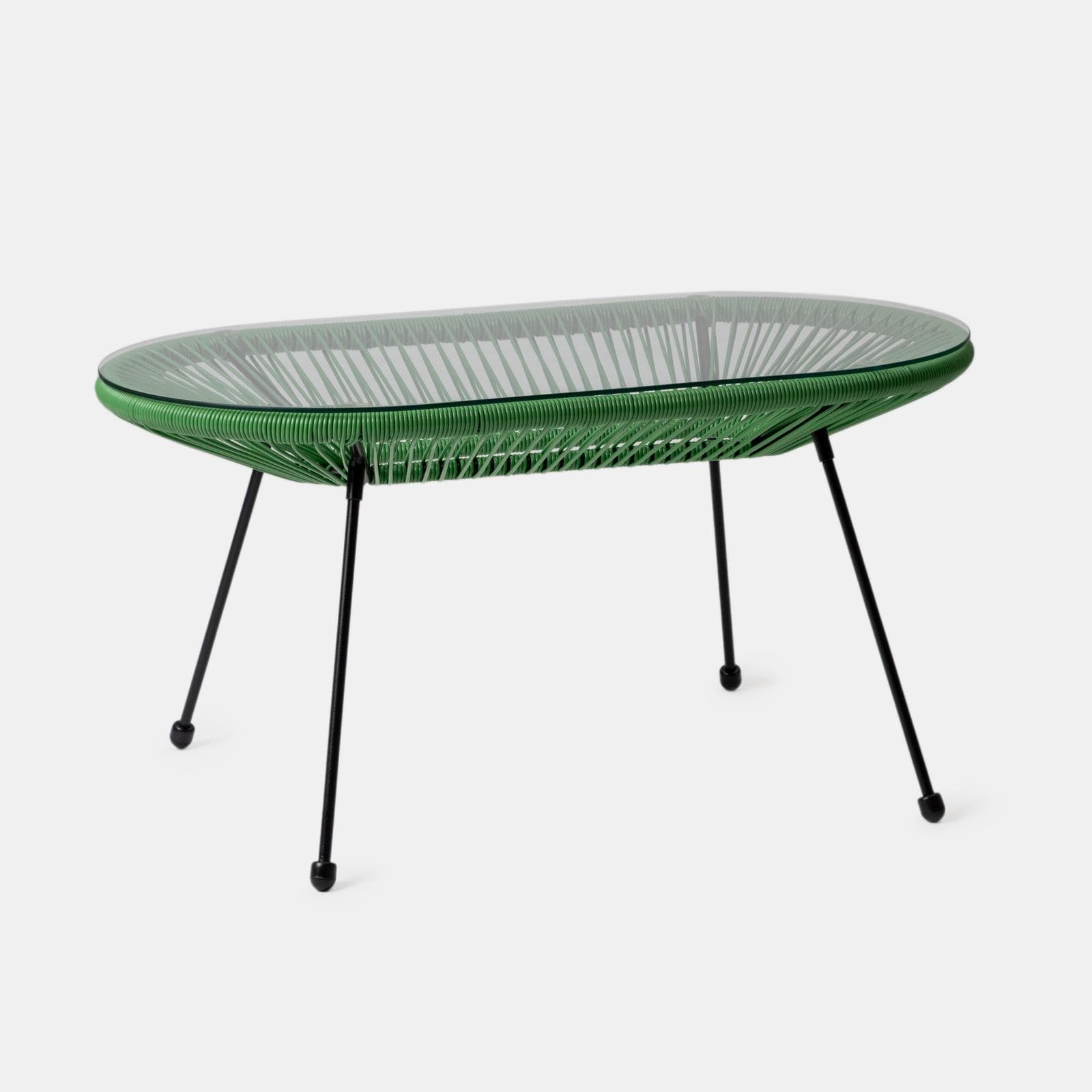 Tavolino da giardino 90x50 cm in metallo nero e corda verde con top in vetro - Kalimba