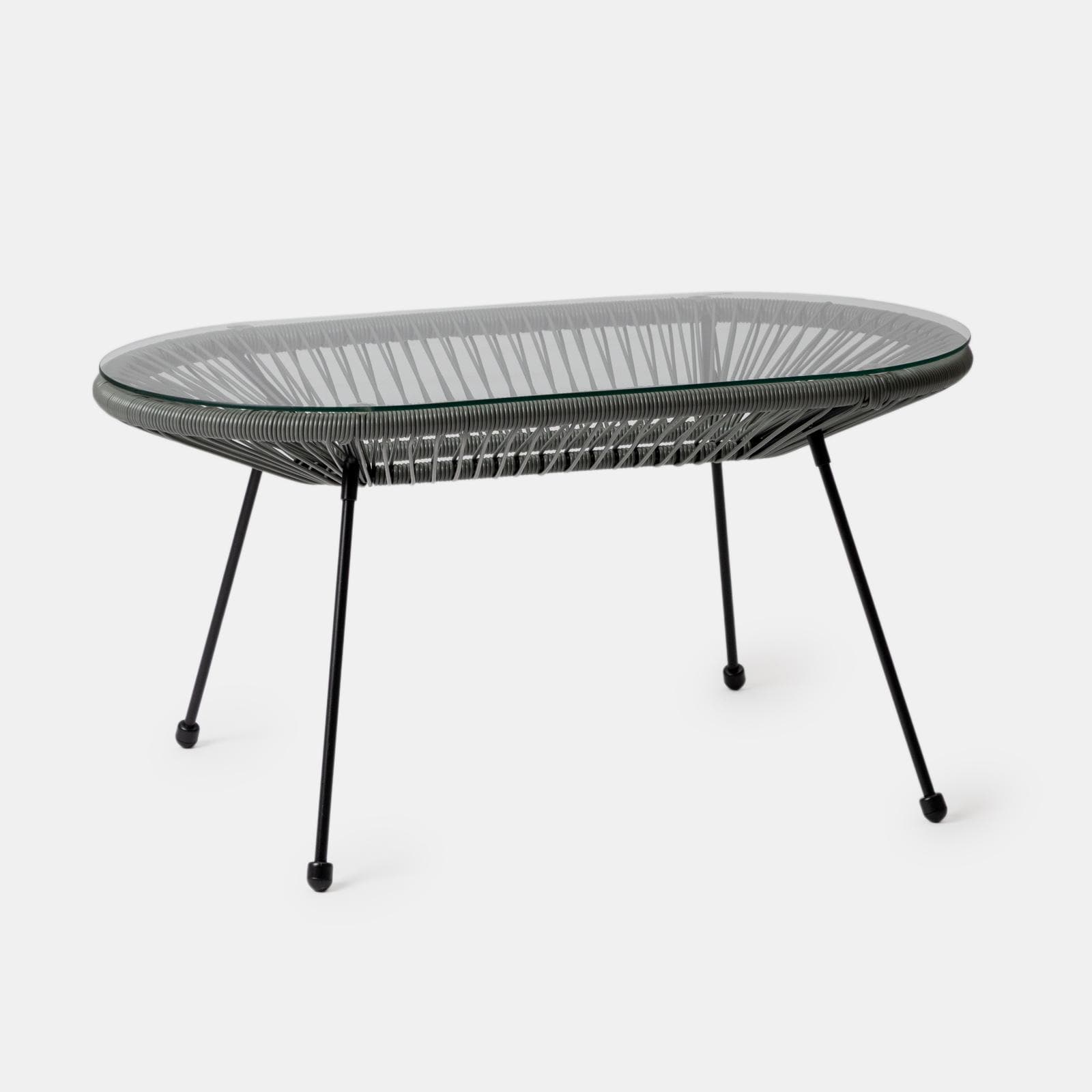 Tavolino da giardino 90x50 cm metallo nero e corda grigia con top in vetro - Kalimba