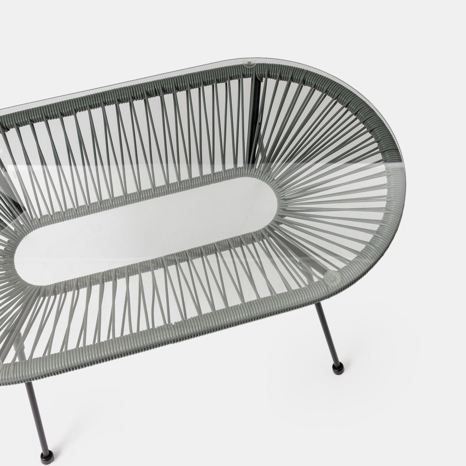 Tavolino da giardino 90x50 cm metallo nero e corda grigia con top in vetro - Kalimba
