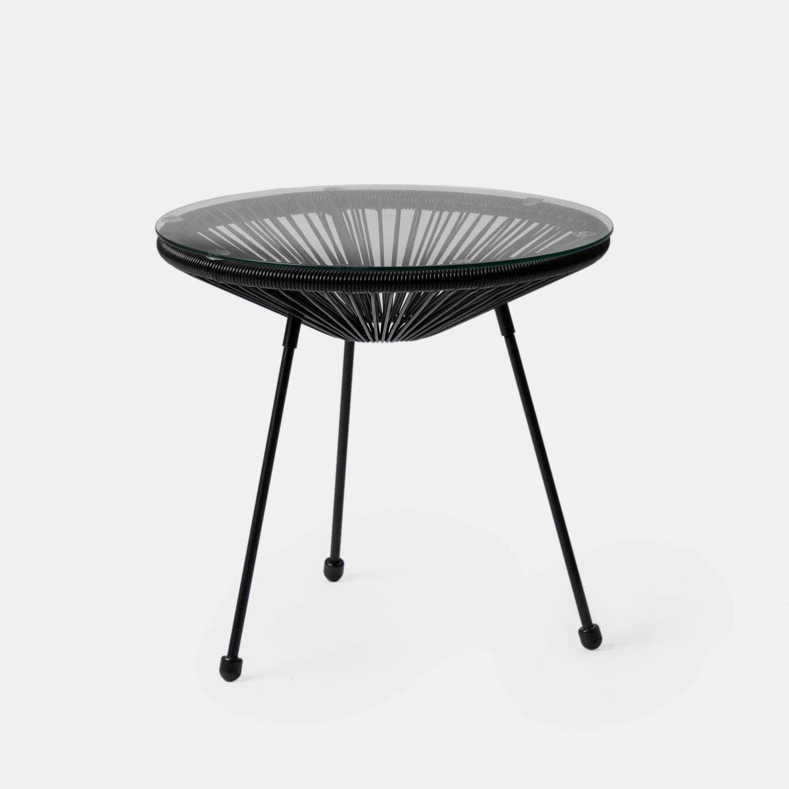Tavolino da giardino rotondo 50 cm in metallo nero e corda nera con top in vetro - Kalimba
