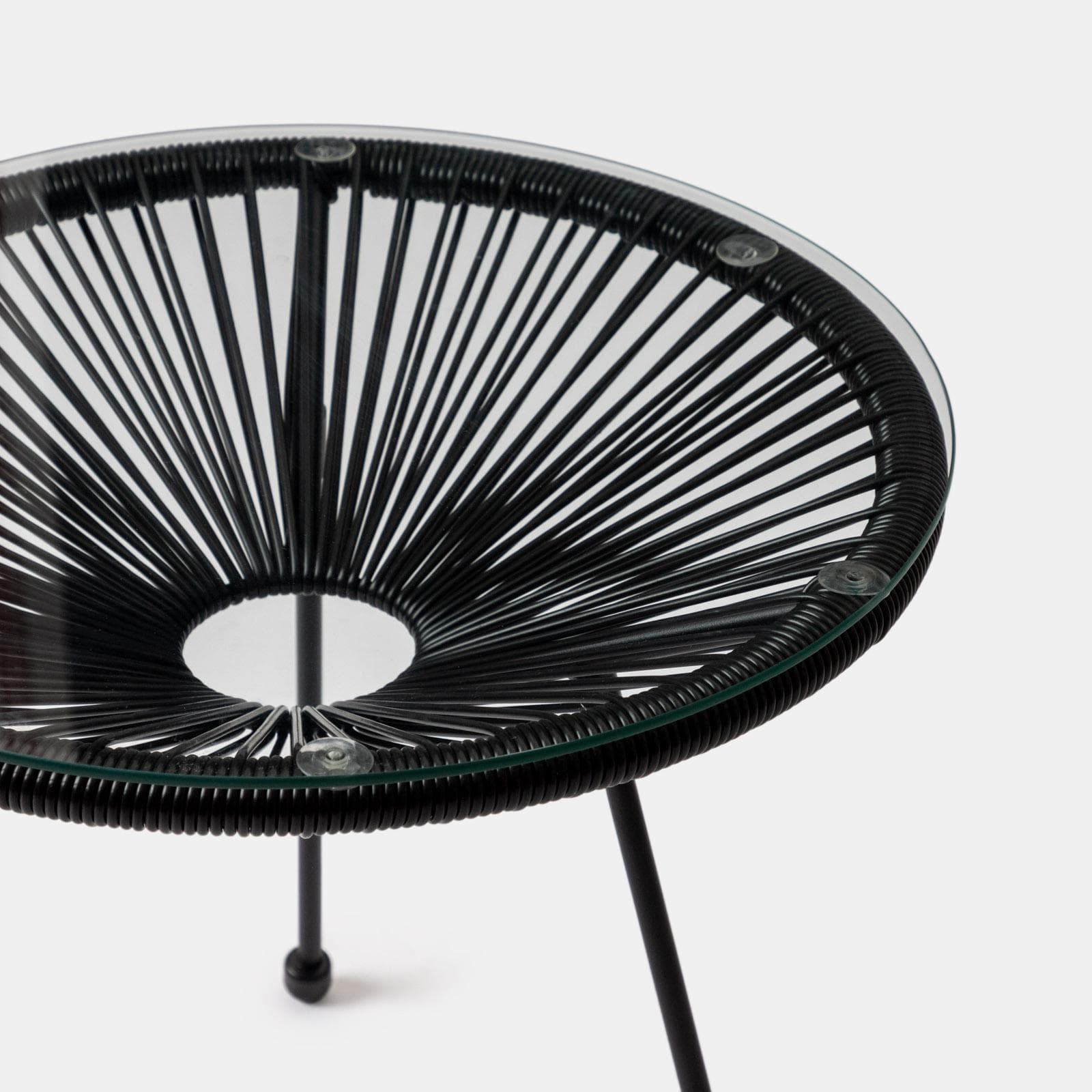 Tavolino da giardino rotondo 50 cm in metallo nero e corda nera con top in vetro - Kalimba