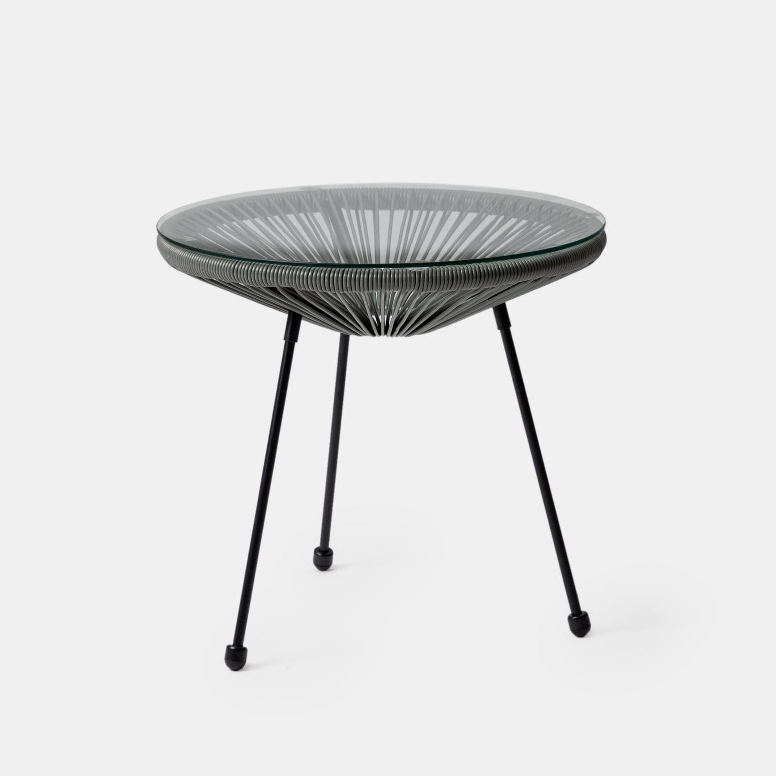 Tavolino da giardino rotondo 50 cm in metallo nero e corda grigia con top in vetro - Kalimba