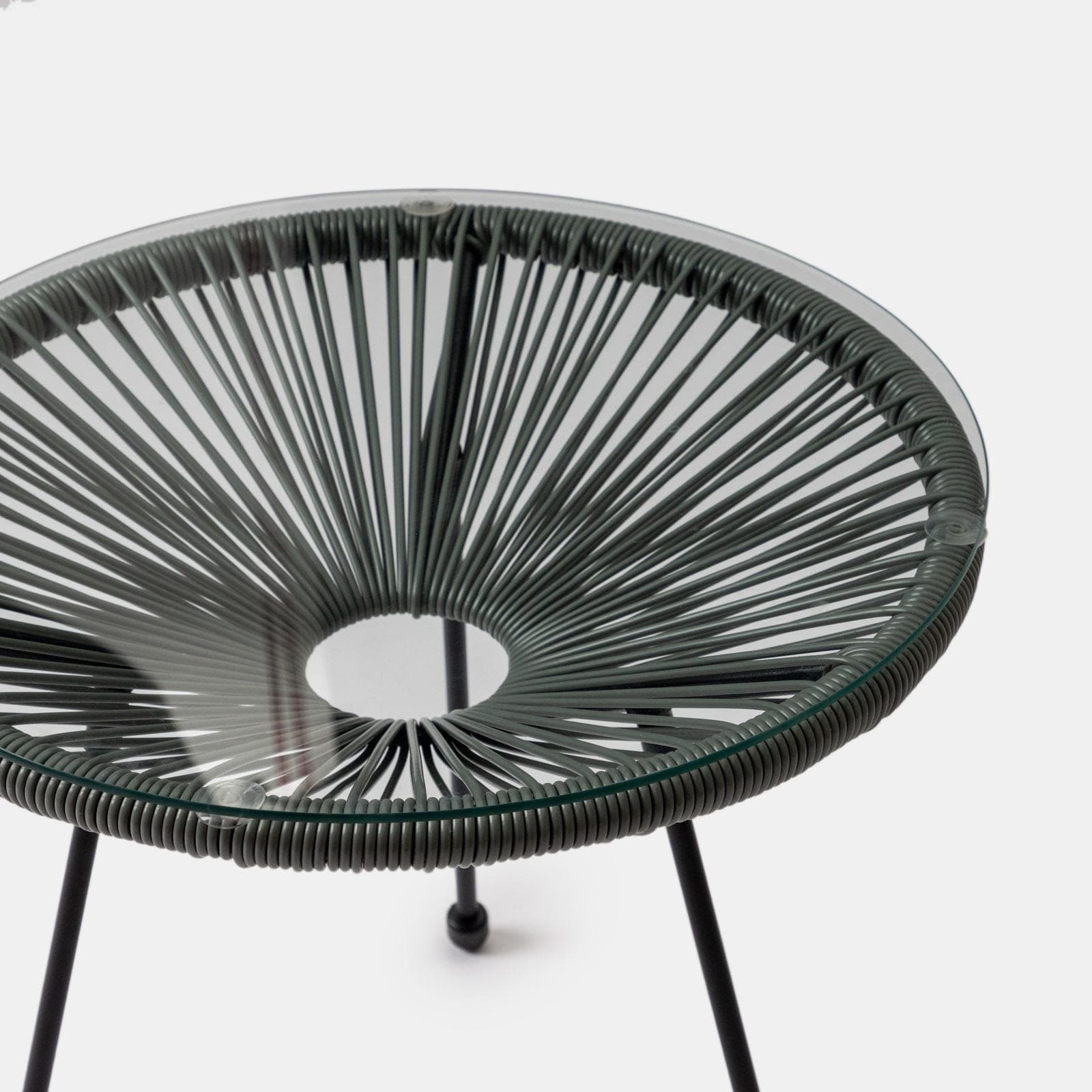 Tavolino da giardino rotondo 50 cm in metallo nero e corda grigia con top in vetro - Kalimba