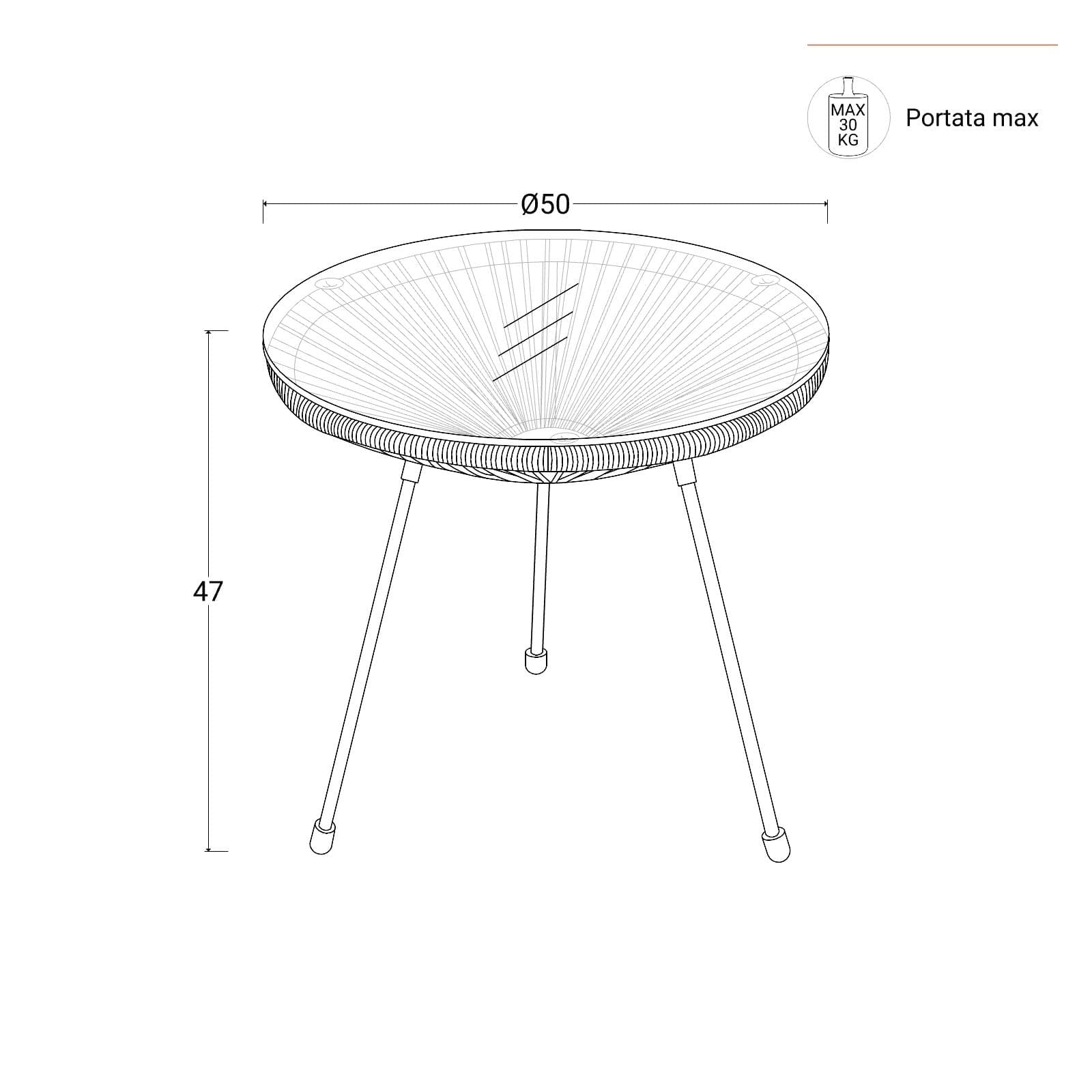 Tavolino da giardino rotondo 50 cm in metallo nero e corda grigia con top in vetro - Kalimba