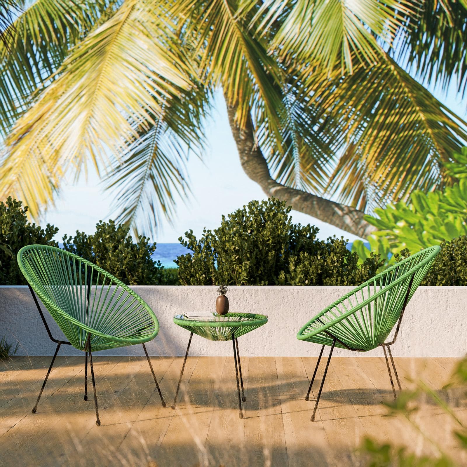 Tavolino da giardino rotondo 50 cm in metallo nero e corda verde con top in vetro - Kalimba