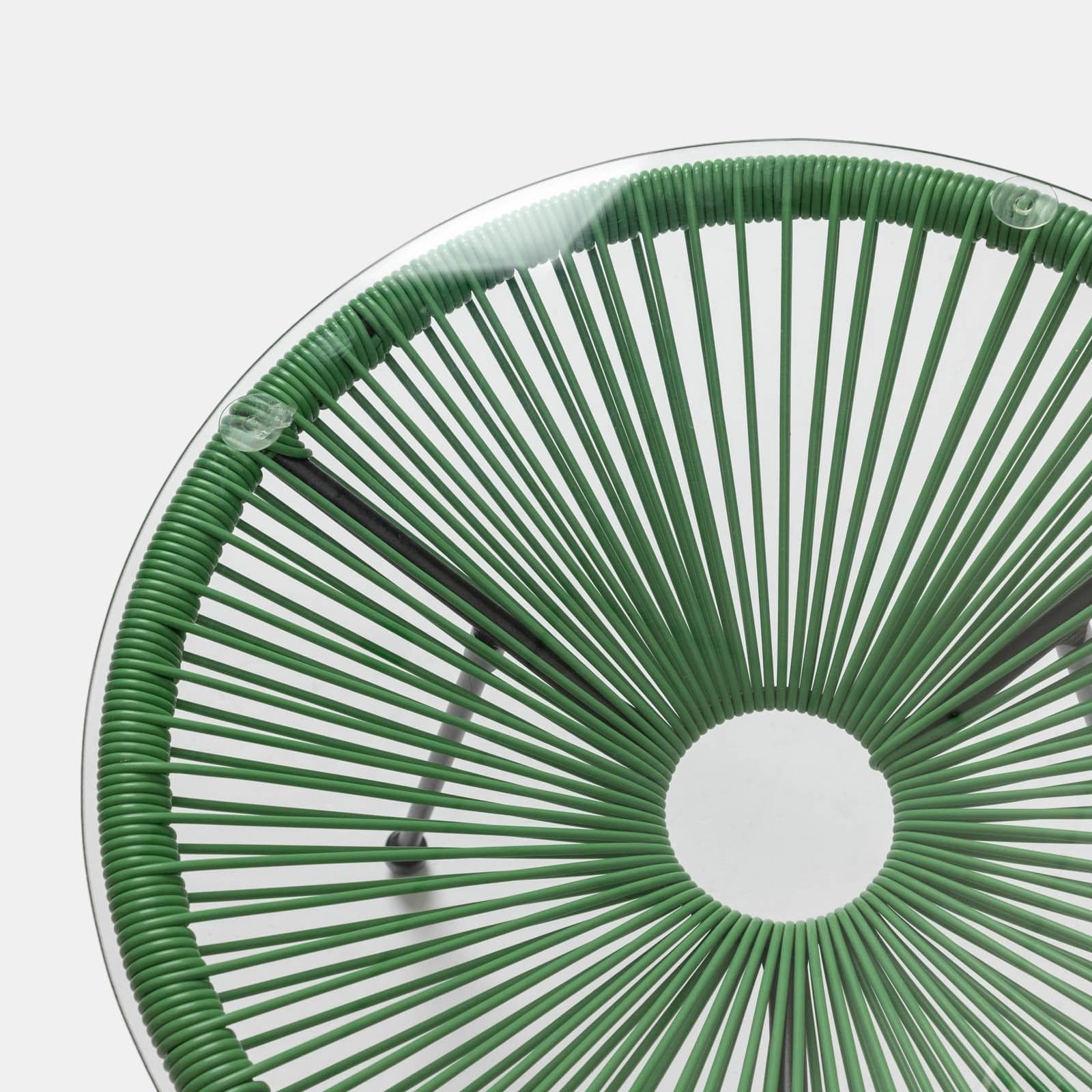 Tavolino da giardino rotondo 50 cm in metallo nero e corda verde con top in vetro - Kalimba