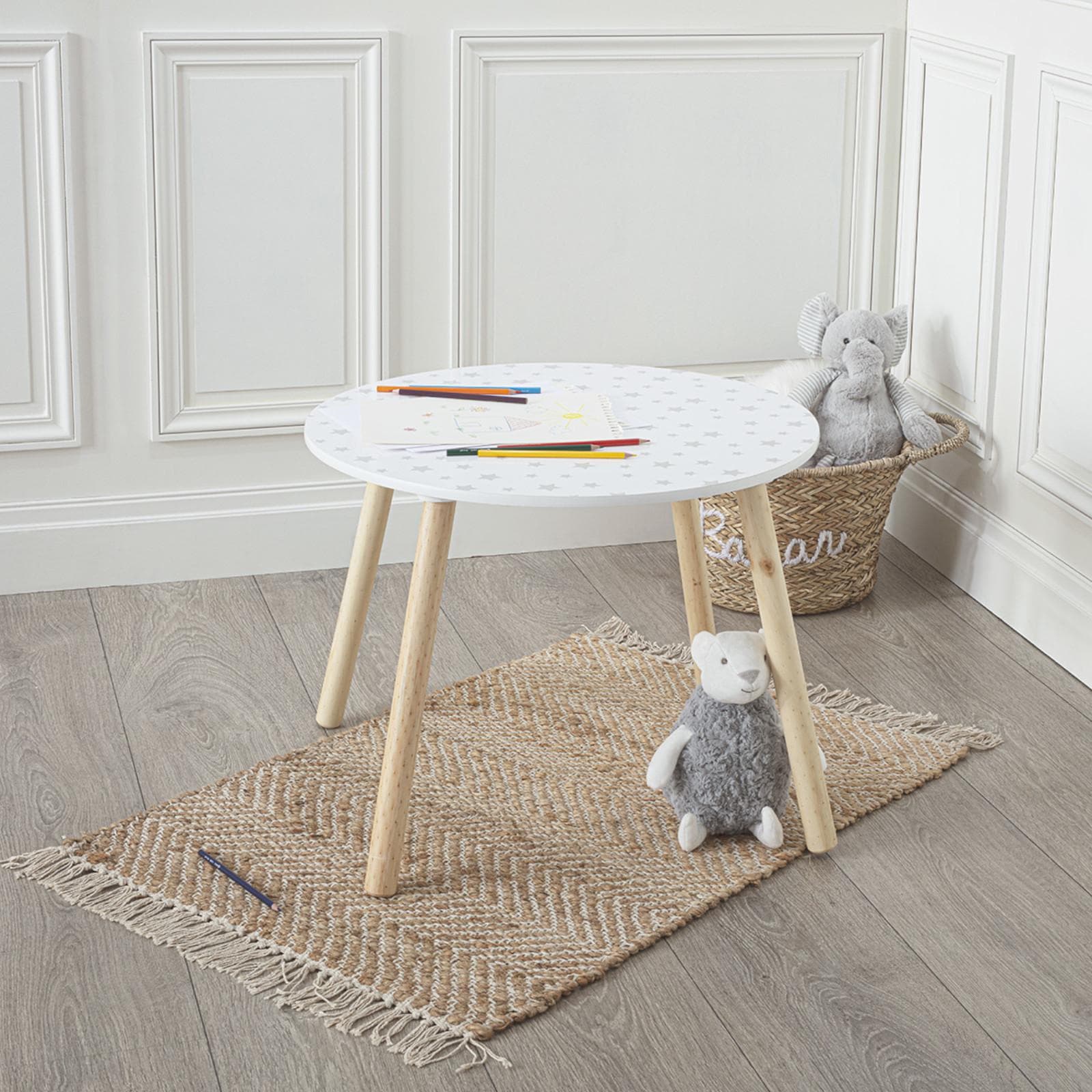 Tavolino rotondo per bambini 60 cm in legno chiaro e piano bianco - Sweety