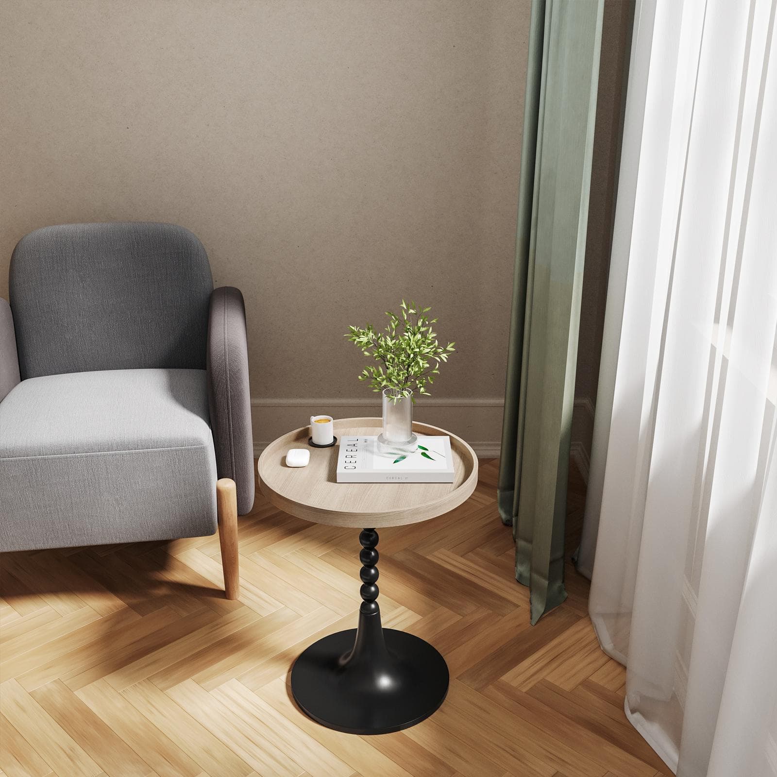 Tavolino rotondo 45x55h cm top effetto legno e struttura intarsiata nera - Bryce