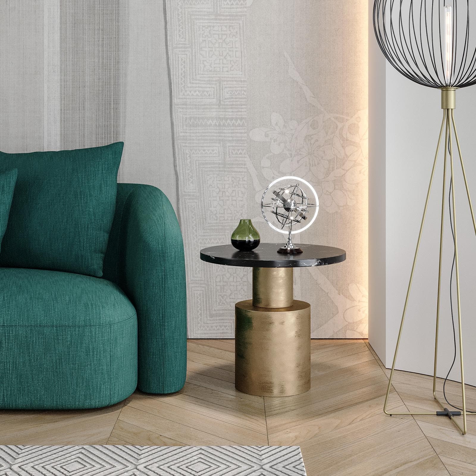 Tavolino rotondo 50 cm con top in marmo nero e base in metallo oro - Richard
