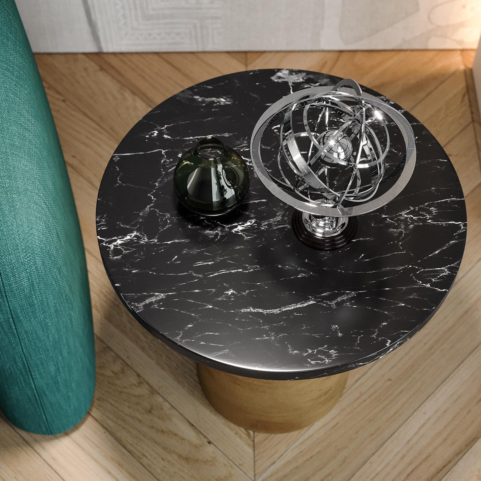 Tavolino rotondo 50 cm con top in marmo nero e base in metallo oro - Richard
