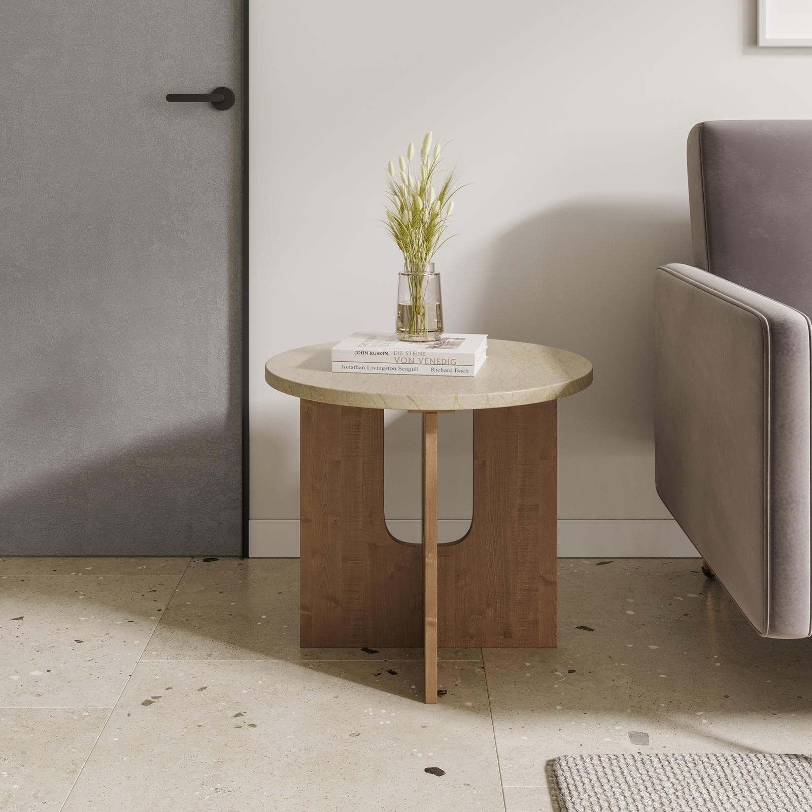 Tavolino rotondo 59 cm in legno naturale e top in marmo sabbia - Frons