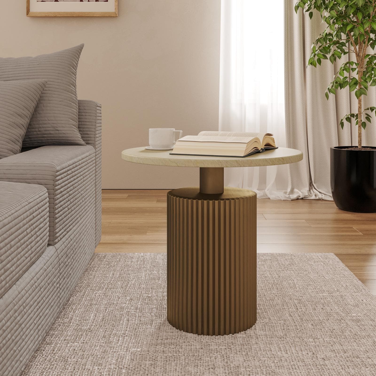 Tavolino rotondo 60 cm in legno cannettato e top in marmo bronzo - Taslac