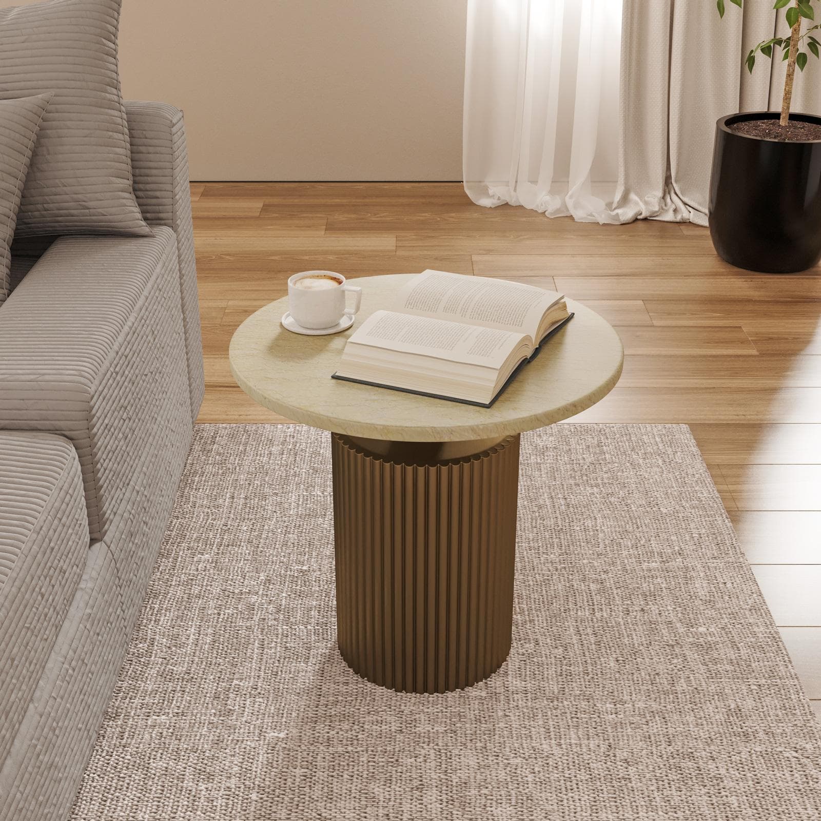Tavolino rotondo 60 cm in legno cannettato e top in marmo bronzo - Taslac