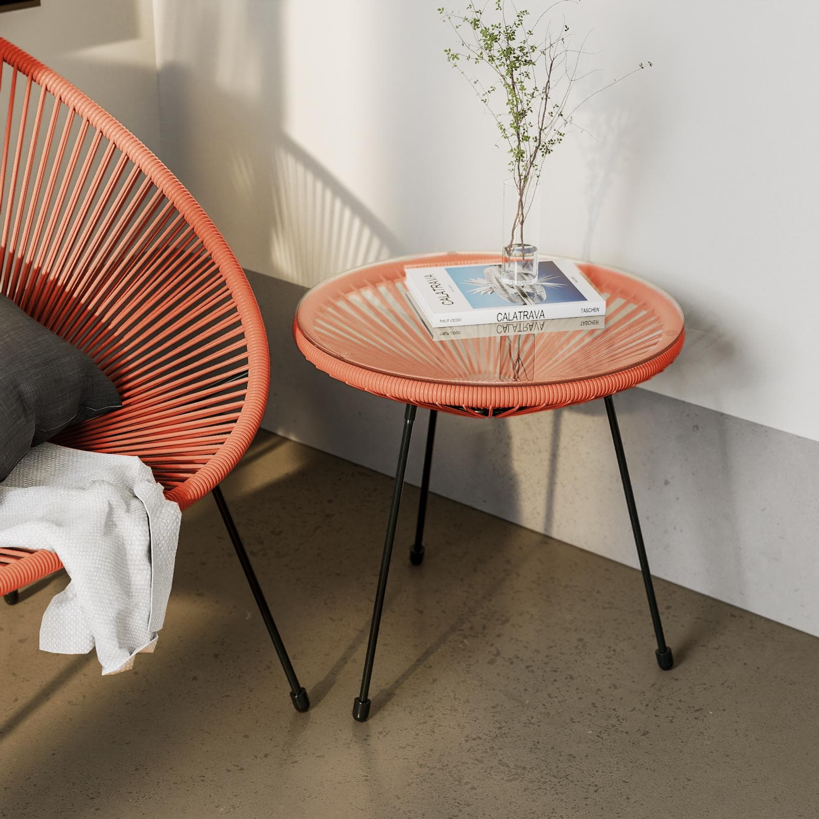 Tavolino rotondo da interno 50 cm in corda arancione e piano in vetro - Kalimba