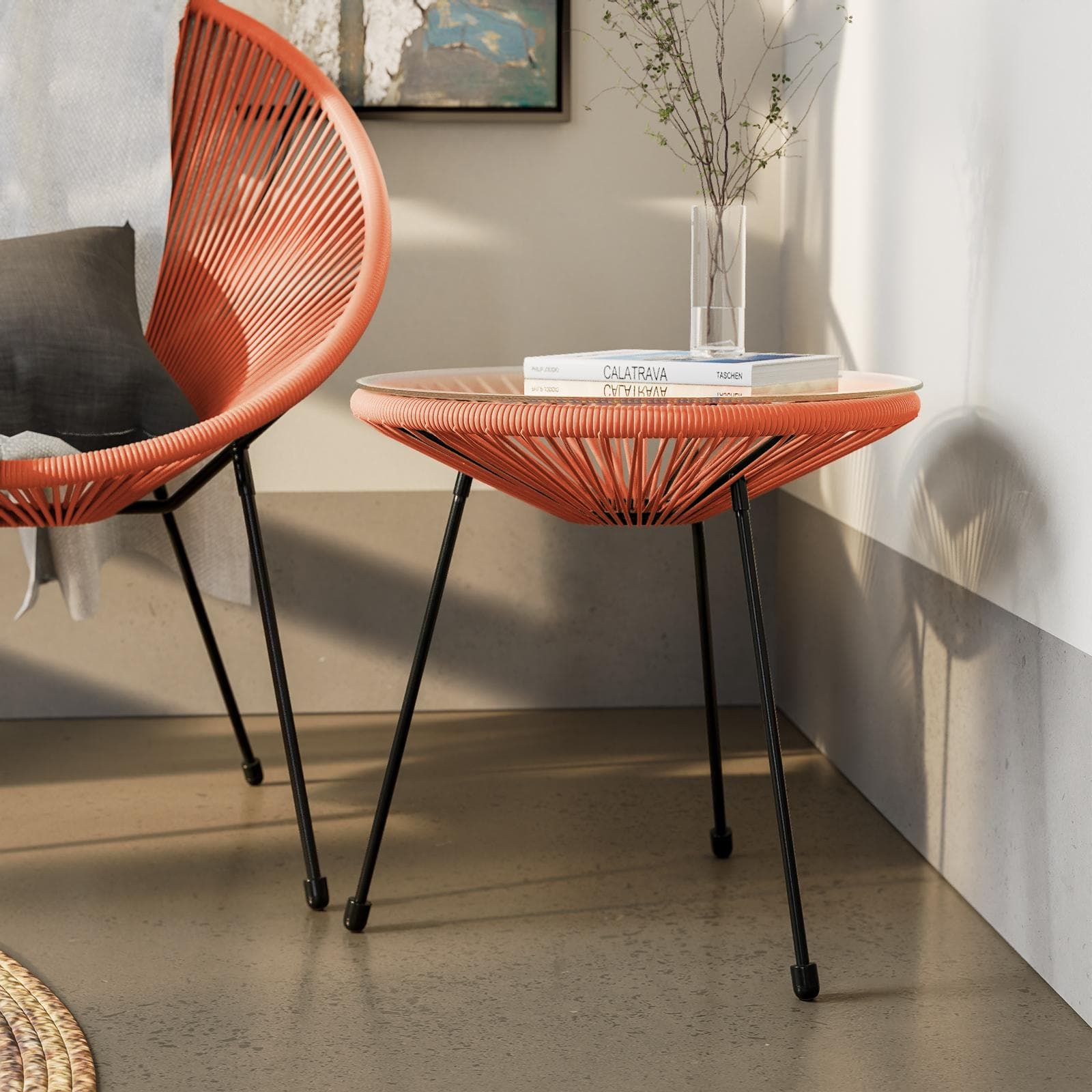 Tavolino rotondo da interno 50 cm in corda arancione e piano in vetro - Kalimba
