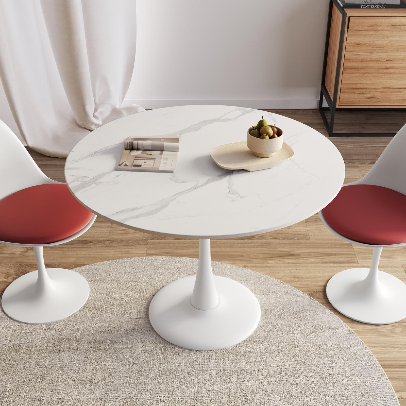 Tavolo rotondo 100 cm in metallo bianco con top effetto marmo bianco - Tulipano