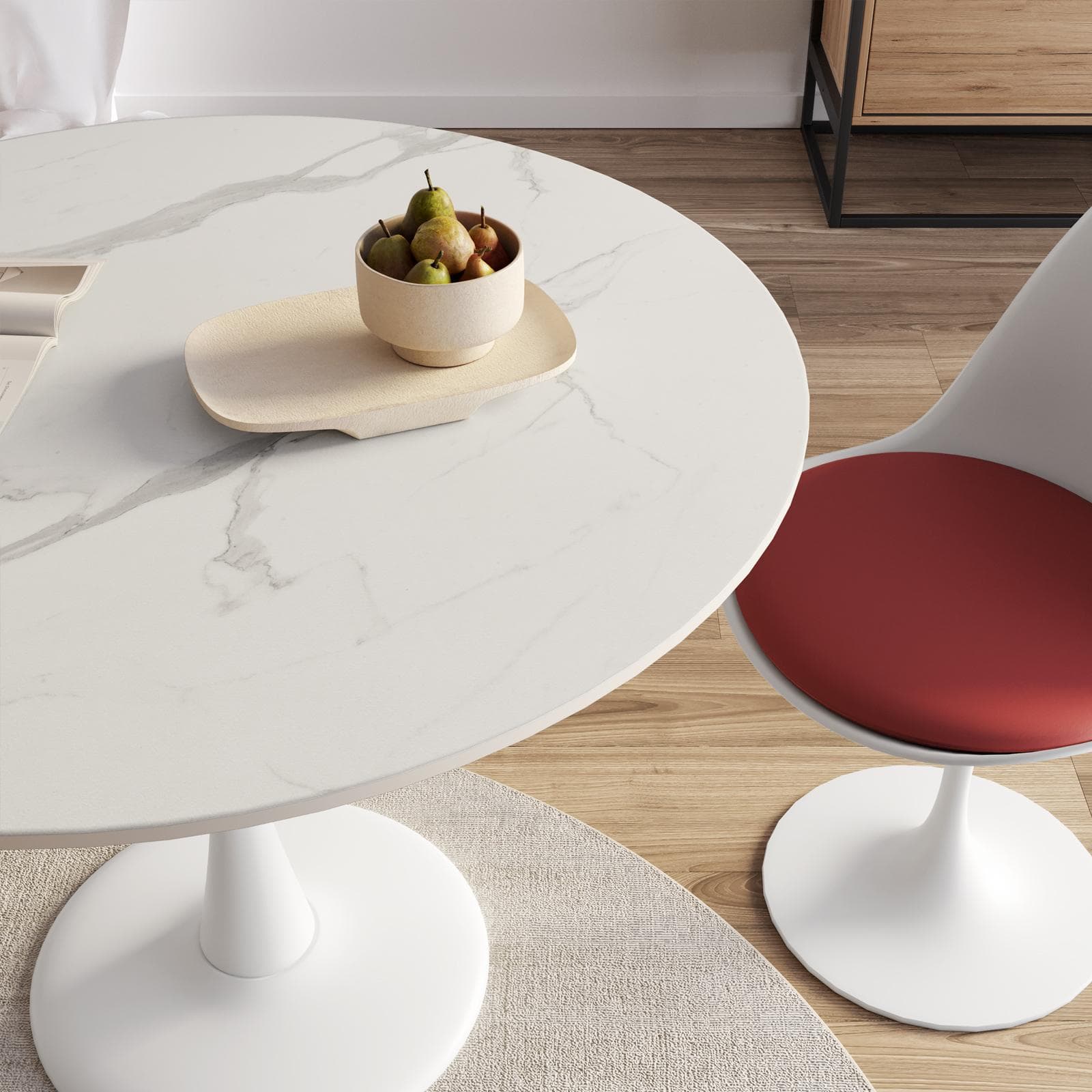 Tavolo rotondo 100 cm in metallo bianco con top effetto marmo bianco - Tulipano