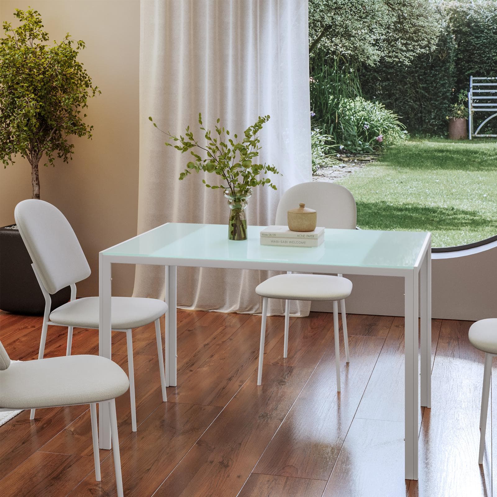 Tavolo 120x80 cm con top in vetro temperato bianco e gambe in metallo - Styloi