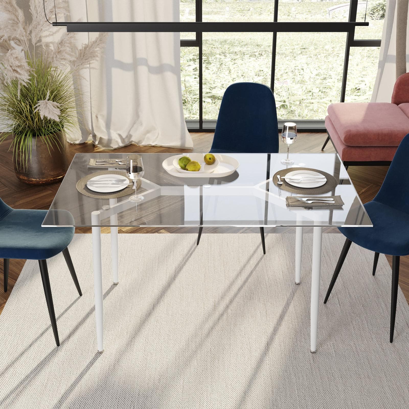 Tavolo 140x80 cm in vetro con gambe in legno bianco - Derry