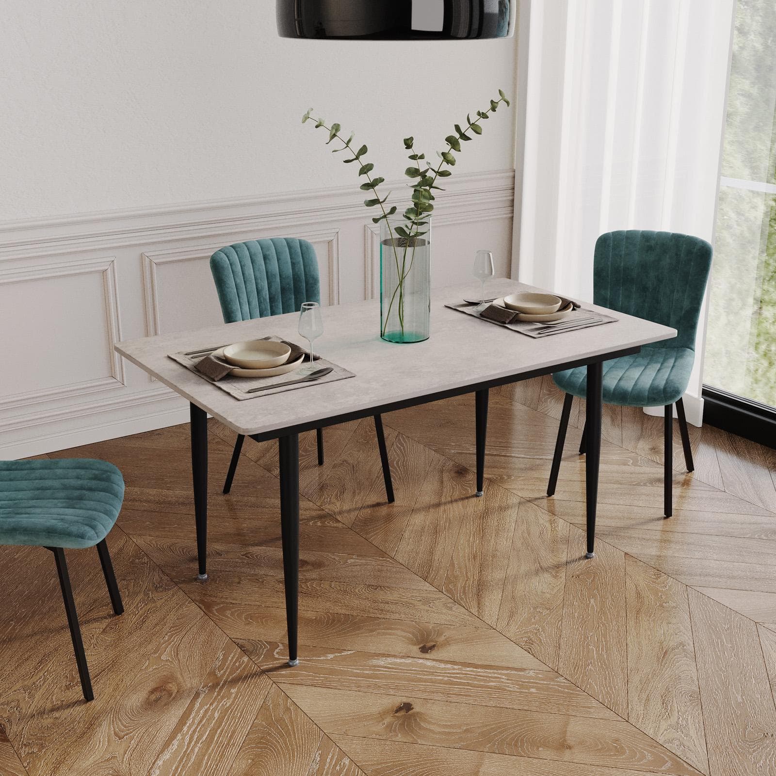 Tavolo 140x80 cm top in pietra grigio opaco e gambe in acciaio nero - Lieto