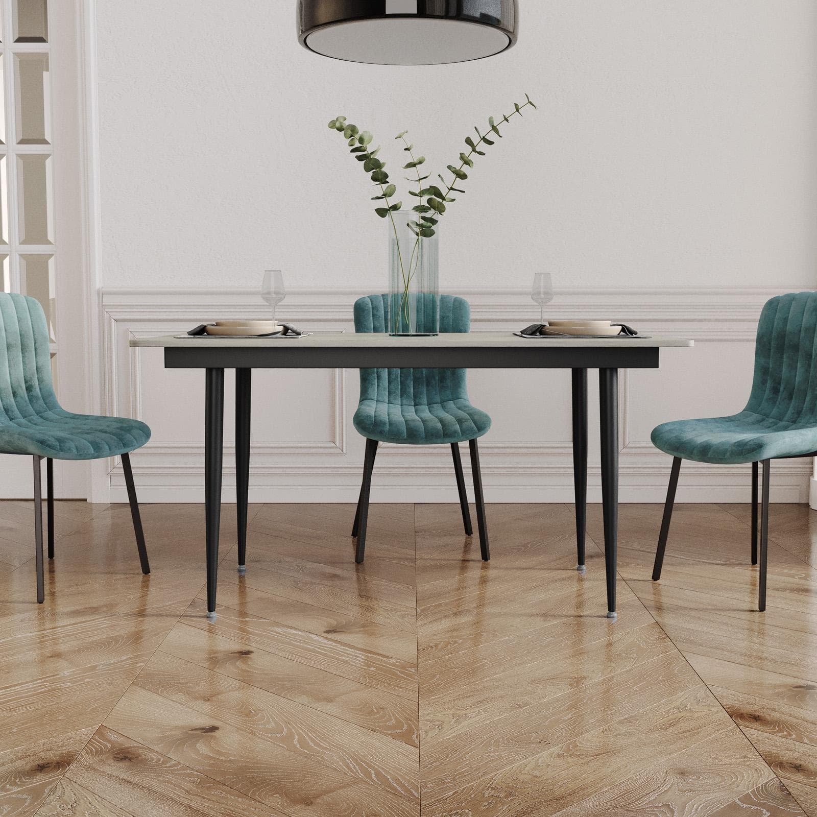 Tavolo 140x80 cm top in pietra grigio opaco e gambe in acciaio nero - Lieto