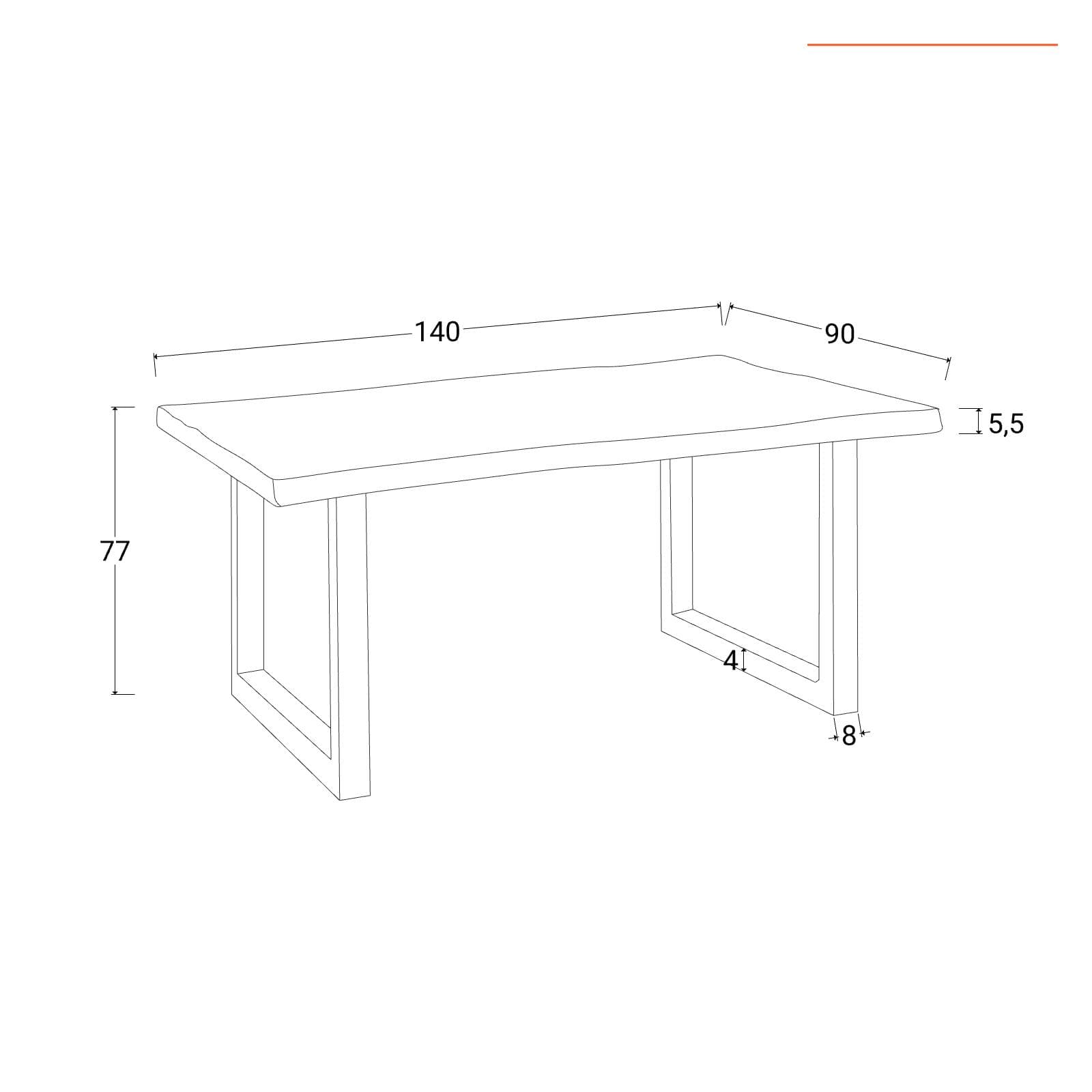 Tavolo 140x90 cm piano in legno di acacia 55 mm e gambe a U 8x4 in metallo cromo - Freia Acacia