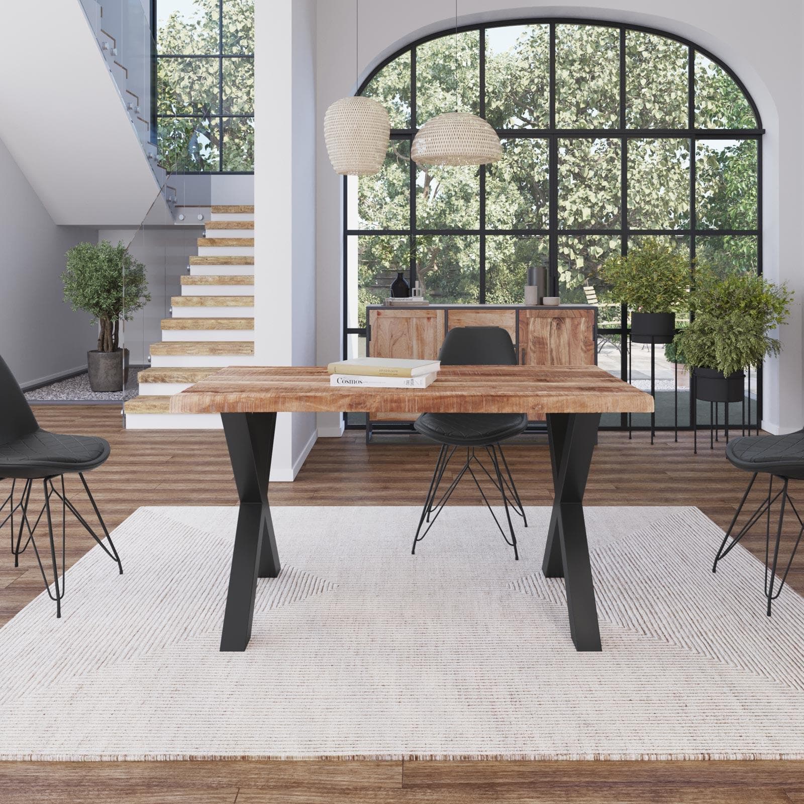 Tavolo 140x90 cm piano in legno di acacia 55 mm e gambe a X 8x8 in metallo nero - Freia Acacia