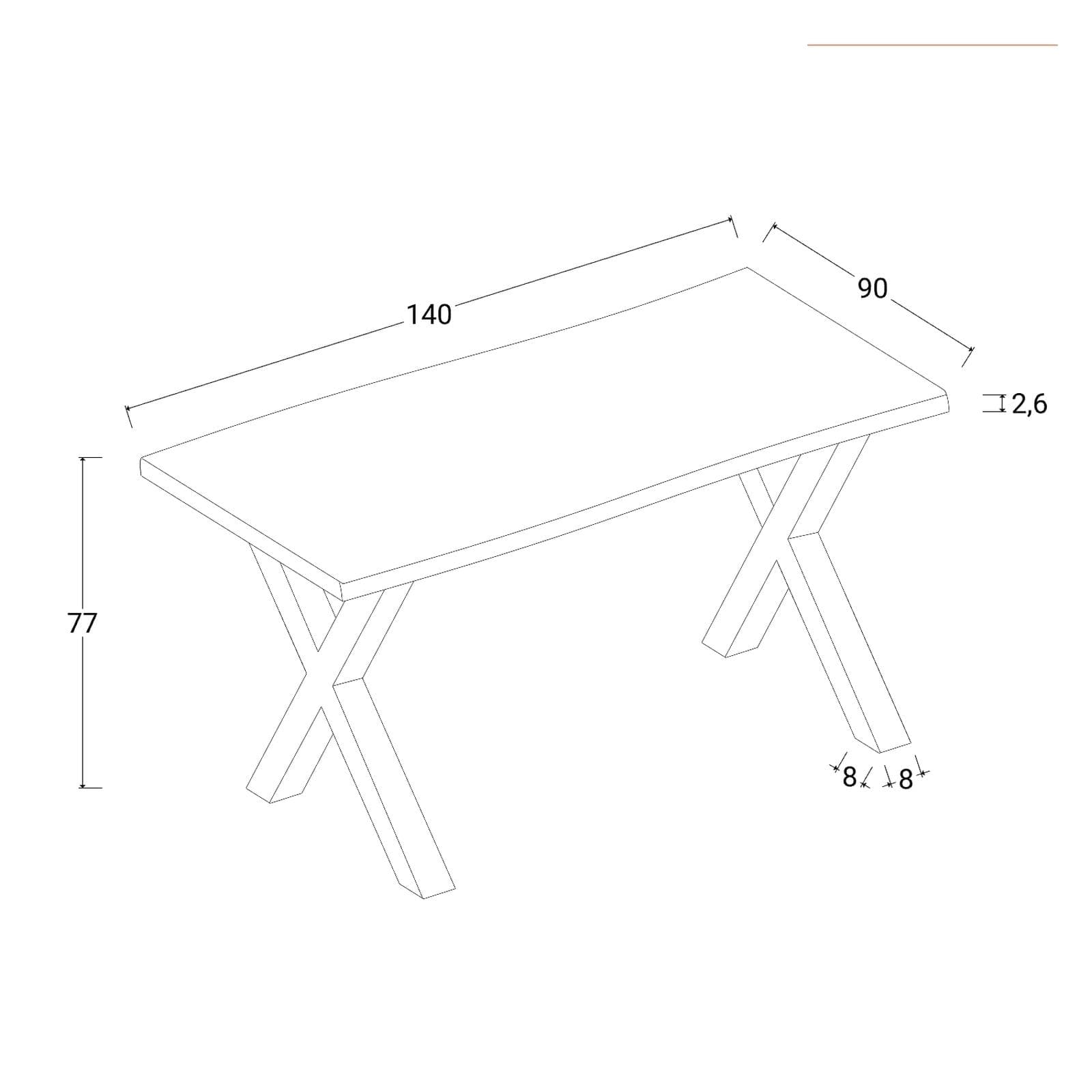 Tavolo 140x90 cm piano in legno di acacia 55 mm e gambe a X 8x8 in metallo nero - Freia Acacia