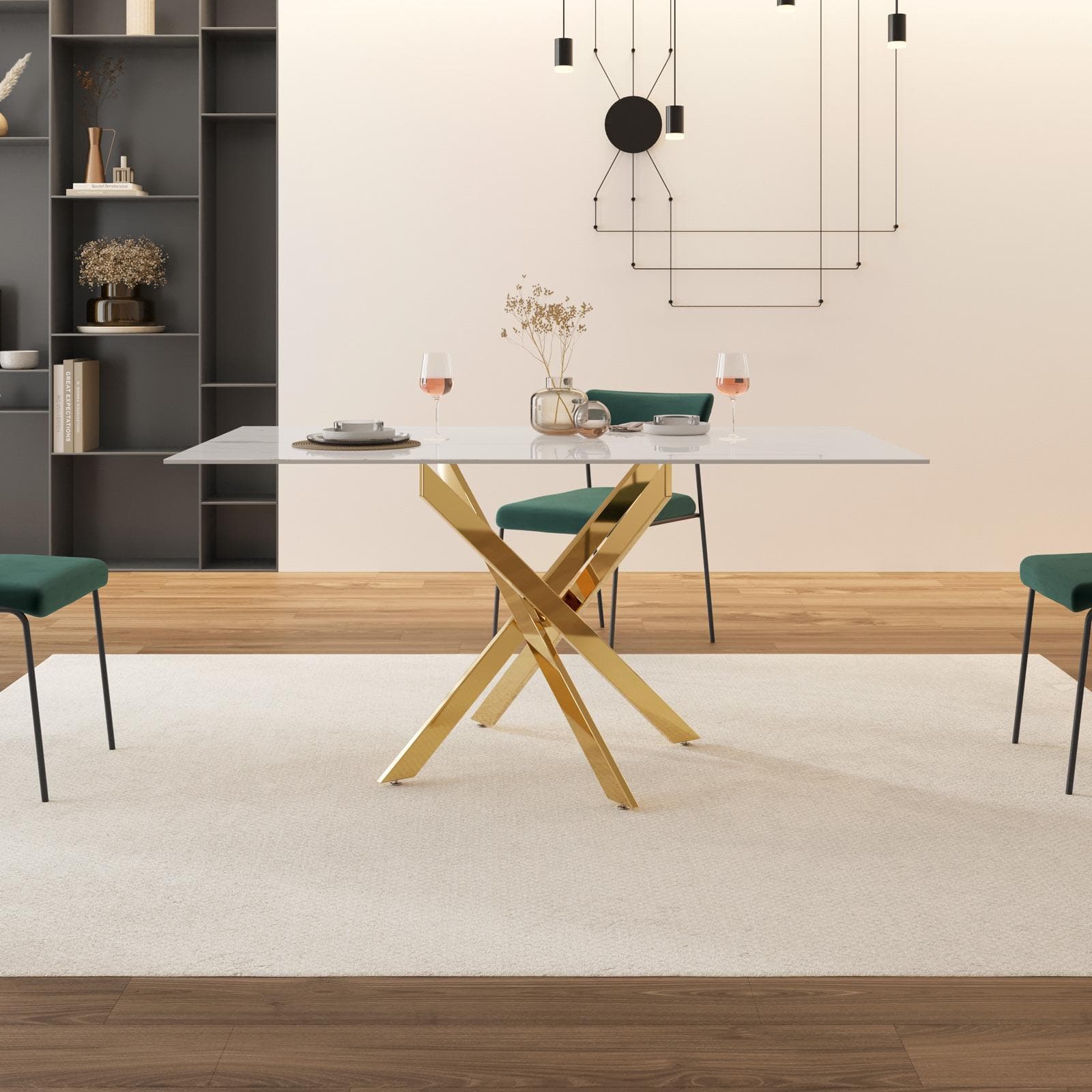 Tavolo 150x80 cm piano in vetro effetto marmo bianco 10 mm e gambe incrociate oro - Noel