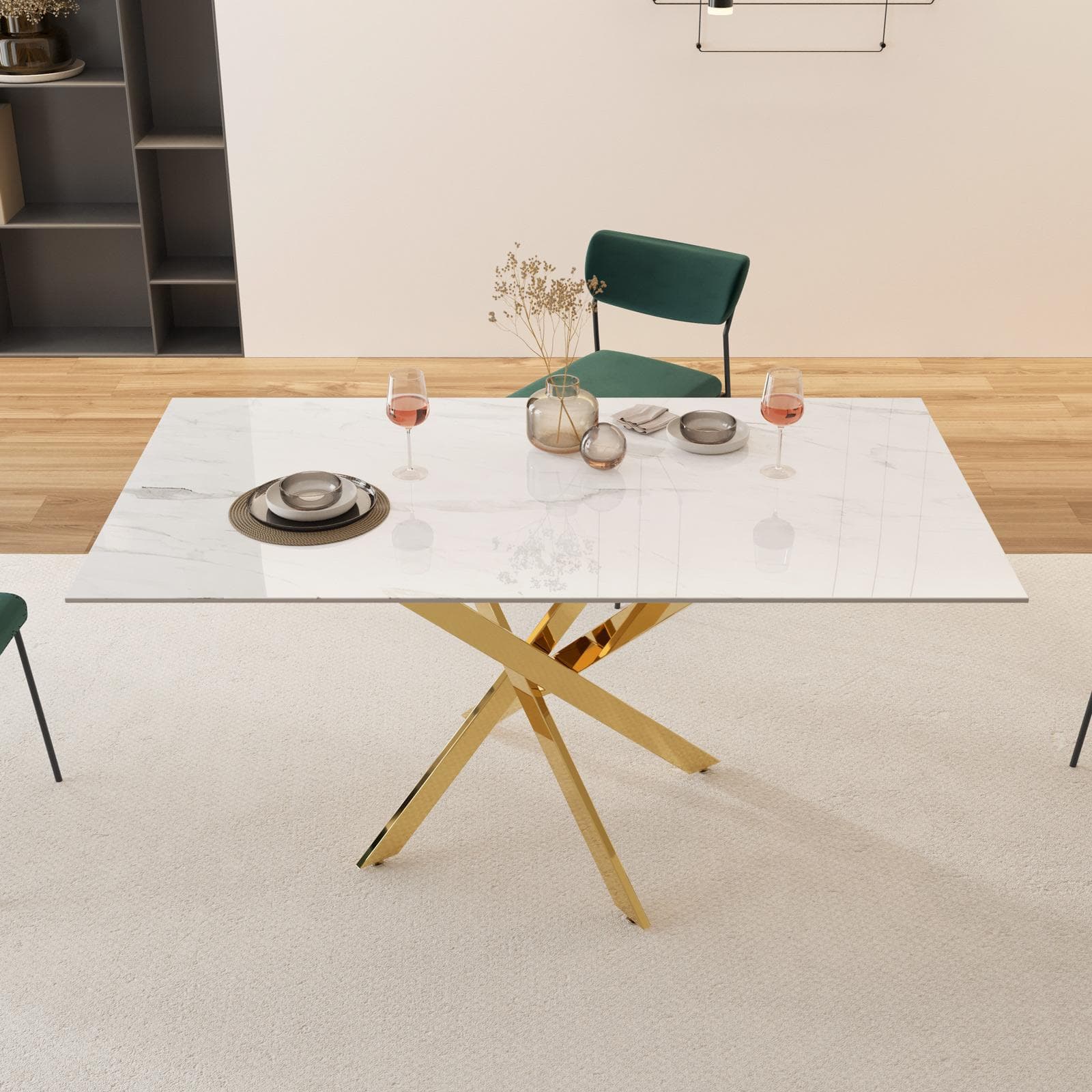 Tavolo 150x80 cm piano in vetro effetto marmo bianco 10 mm e gambe incrociate oro - Noel