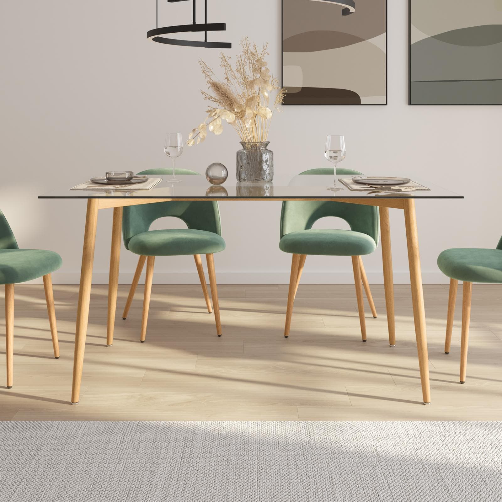 Tavolo 150x90 cm con piano in vetro e gambe rovere - Derry