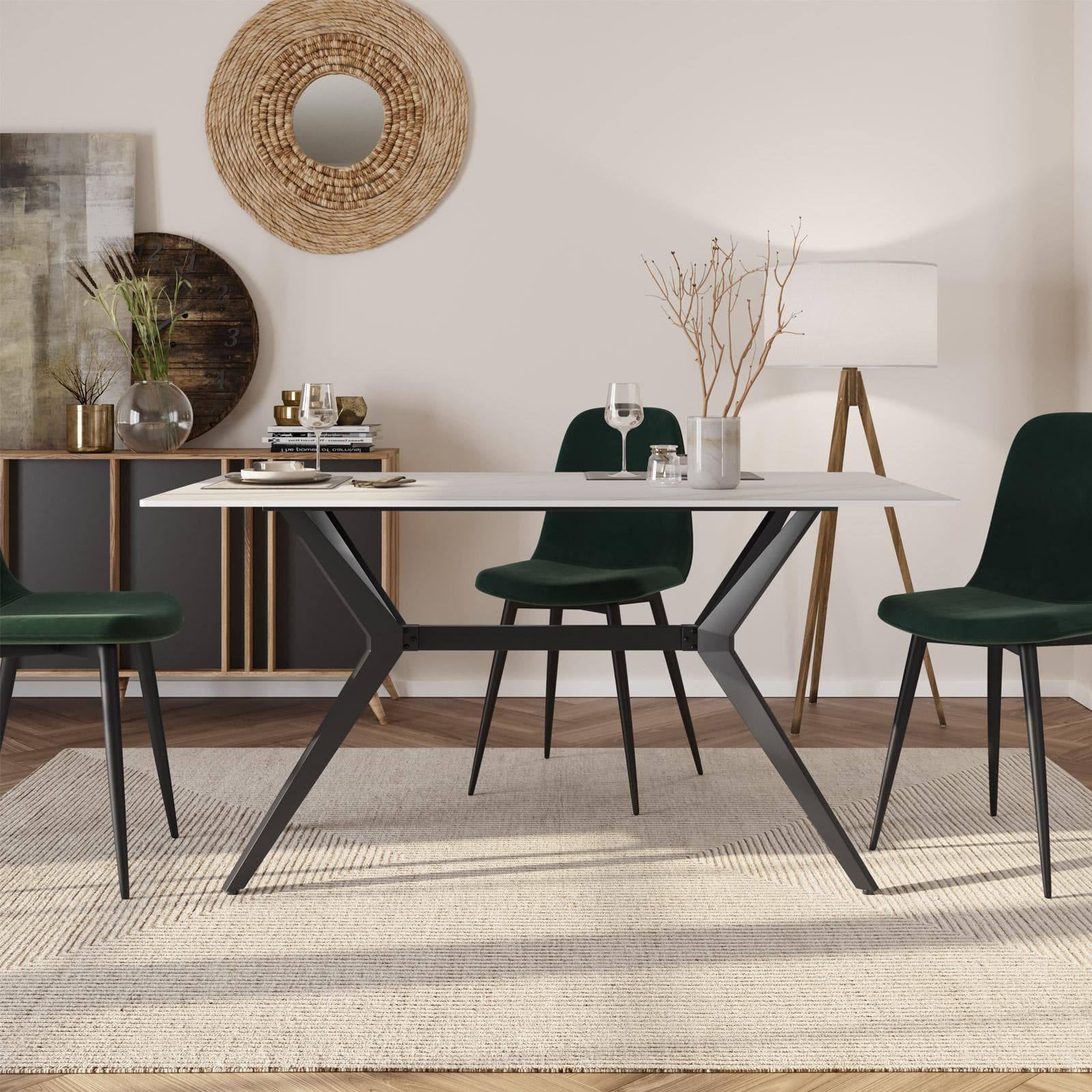 Tavolo 150x90cm nero con piano in ceramica bianco e venature oro - Manty