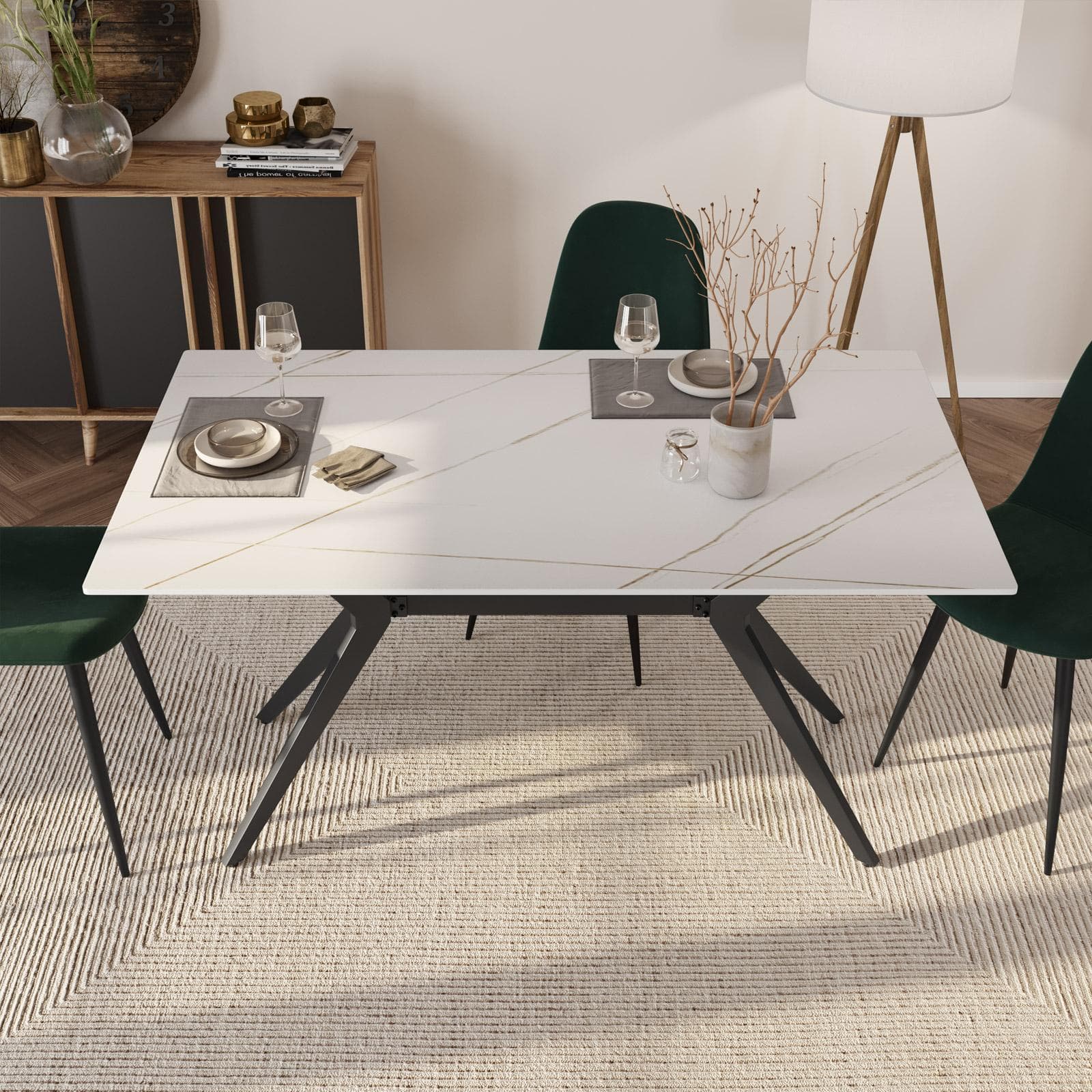 Tavolo 150x90cm nero con piano in ceramica bianco e venature oro - Manty