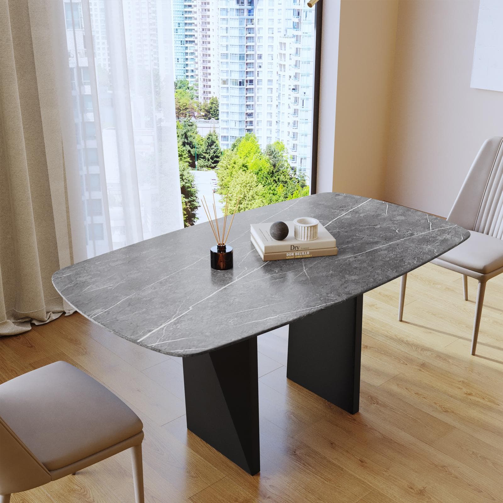 Tavolo 160x90 cm top in ceramica effetto marmo grigio e gambe in metallo grigio scuro opaco - Safari