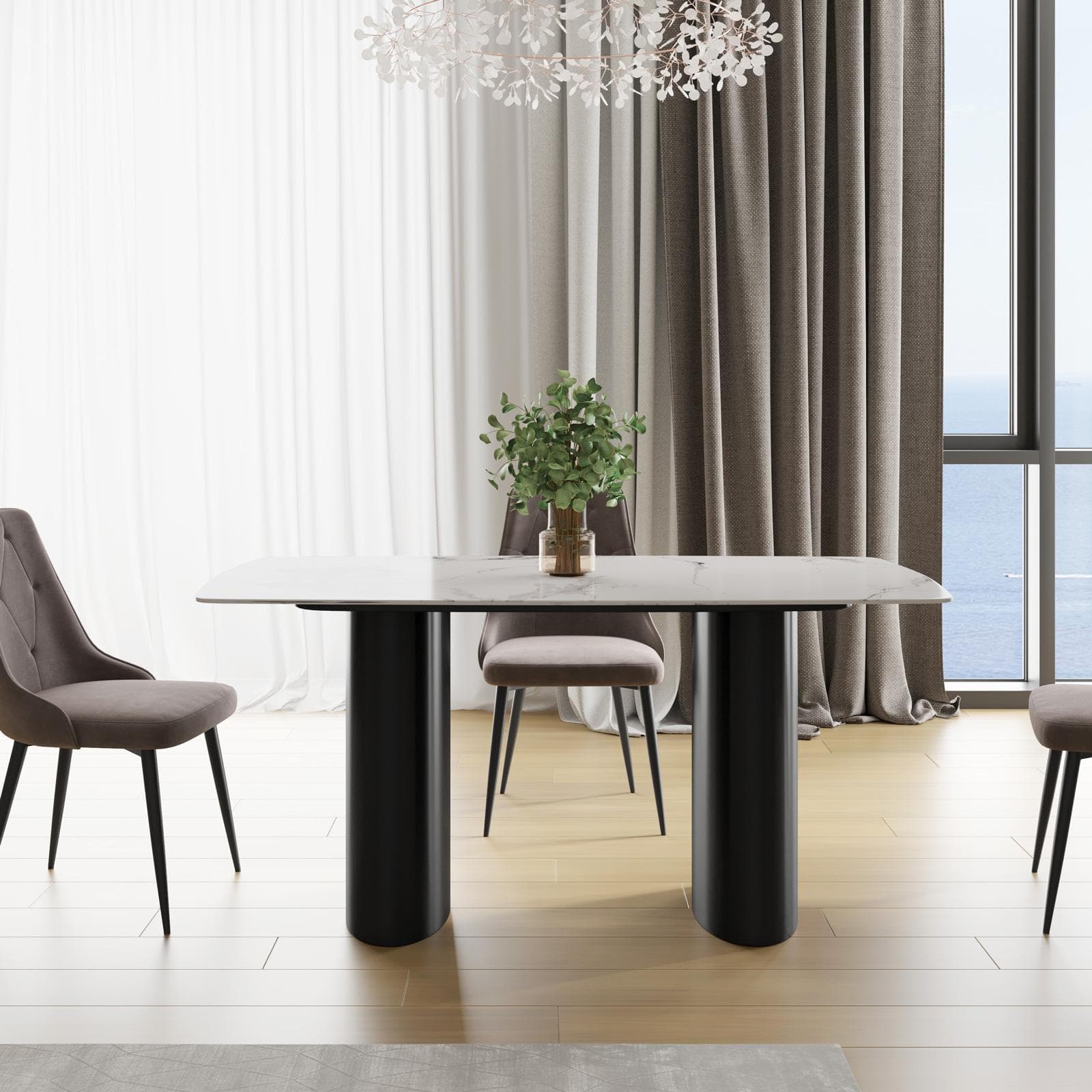 Tavolo 160x90 cm con piano in ceramica effetto marmo perlato e gambe nero lucido - Arcus