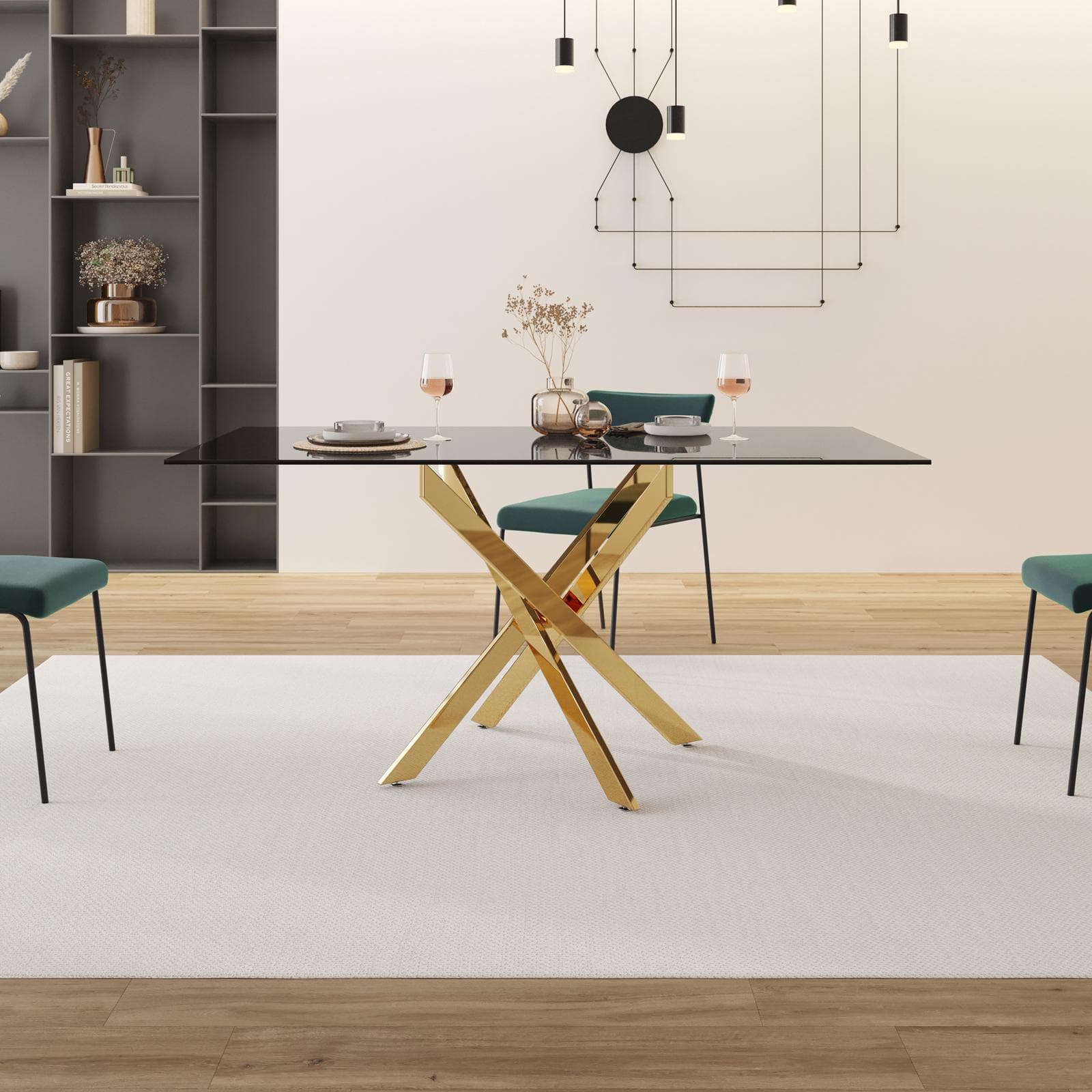 Tavolo 160x90 cm piano in vetro fumè 10 mm e gambe incrociate oro - Noel