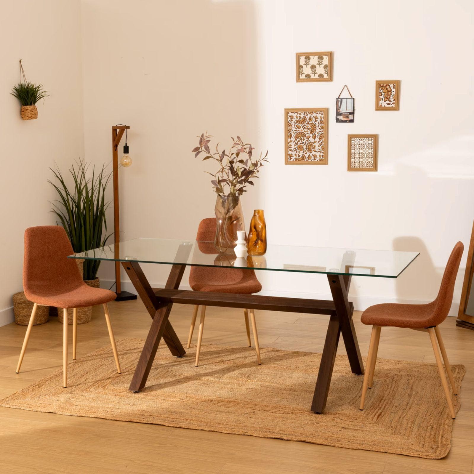 Tavolo 180x90 cm in acciaio effetto noce e top in vetro temperato - Leif