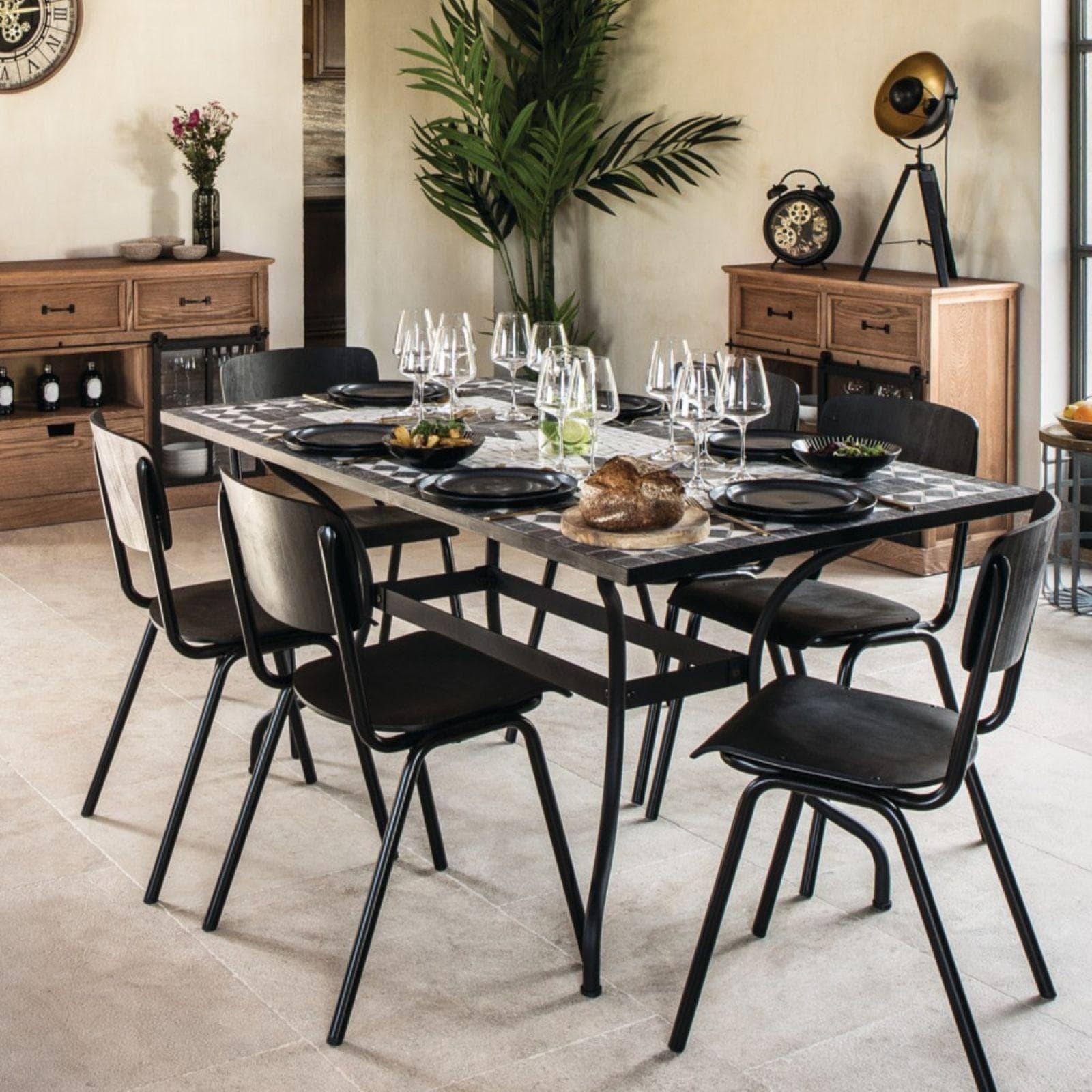 Tavolo 180x90 cm in acciaio nero con top in mosaico in pietra - Stanley