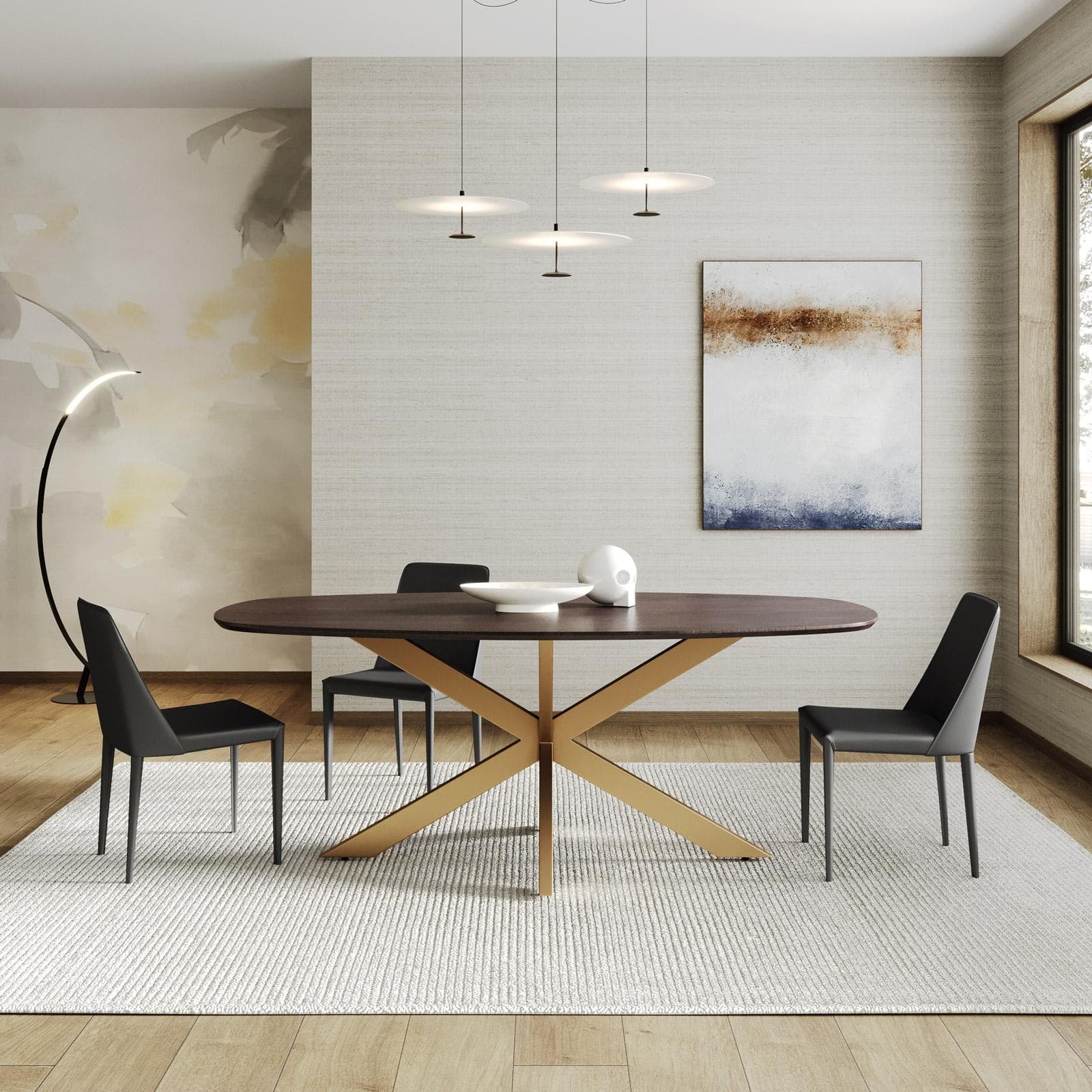 Tavolo 200x100 cm con struttura in metallo oro e top in legno di mango color noce - Flame