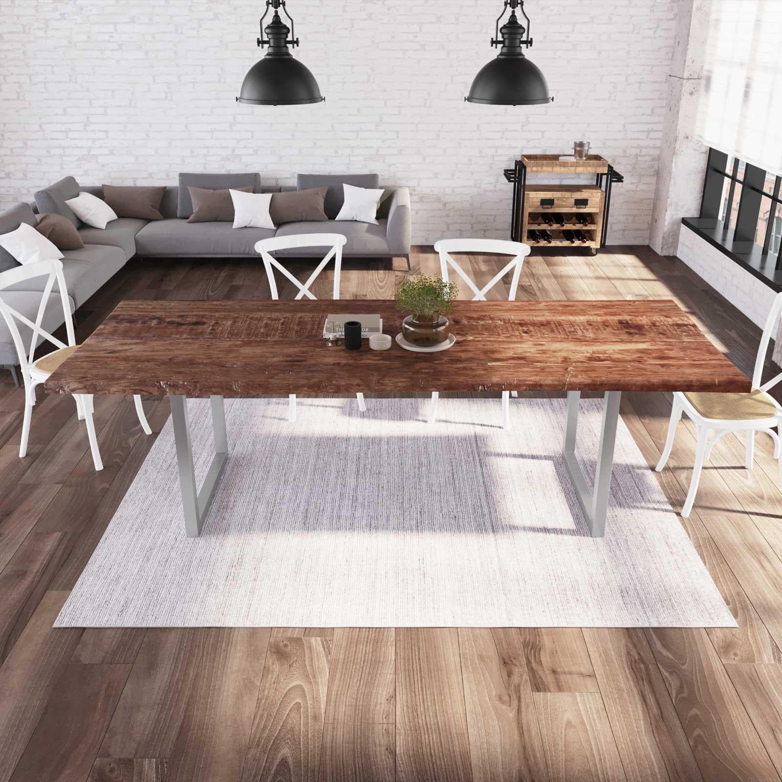 Tavolo 260x100 cm piano in legno di acacia 50 mm e gambe a U 5x5 in metallo cromo - Freia Wood