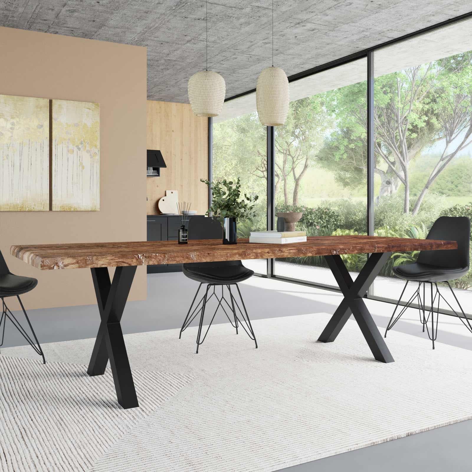 Tavolo 260x100 cm piano in legno di acacia 50 mm e gambe a X 8x8 in metallo nero - Freia Wood