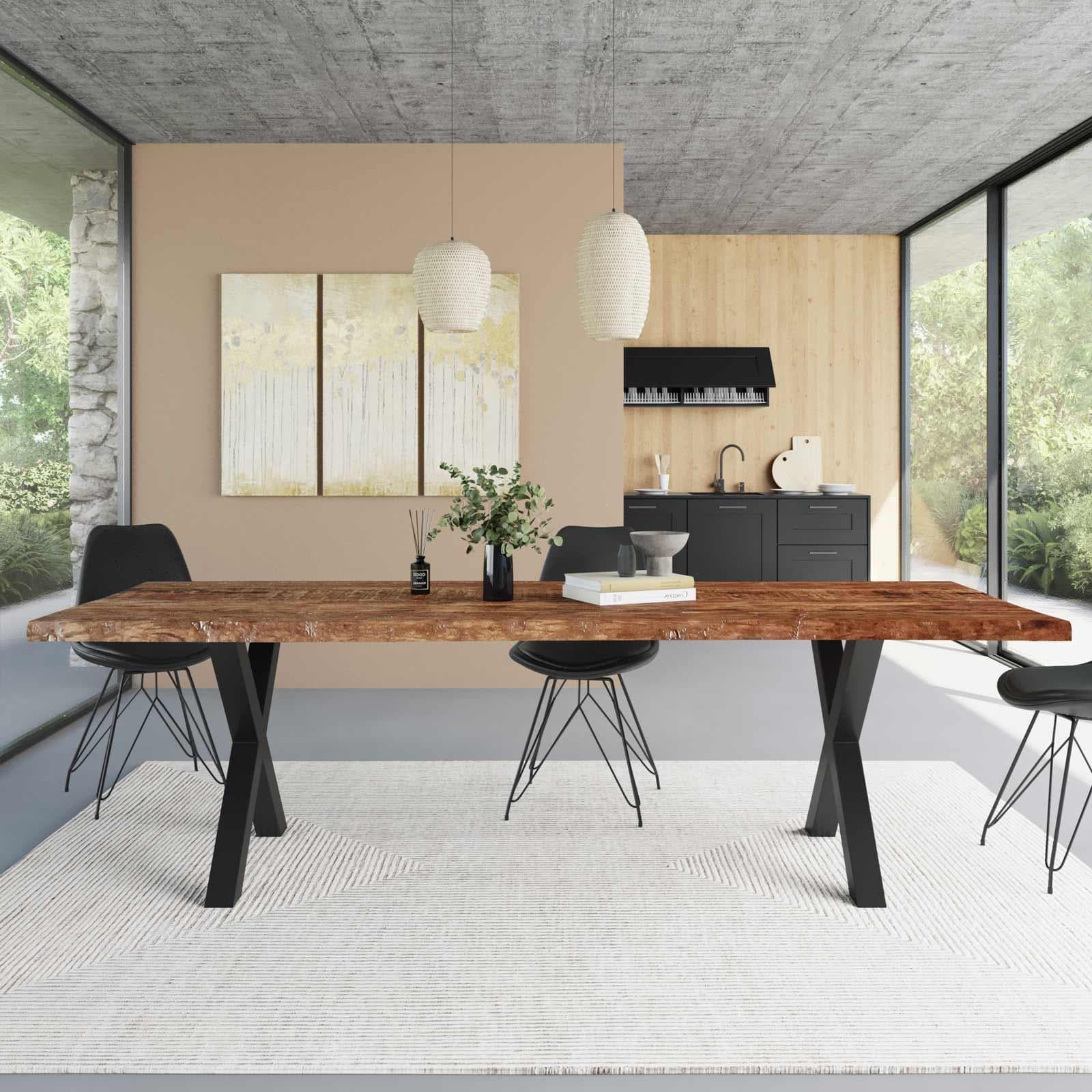 Tavolo 260x100 cm piano in legno di acacia 50 mm e gambe a X 8x8 in metallo nero - Freia Wood